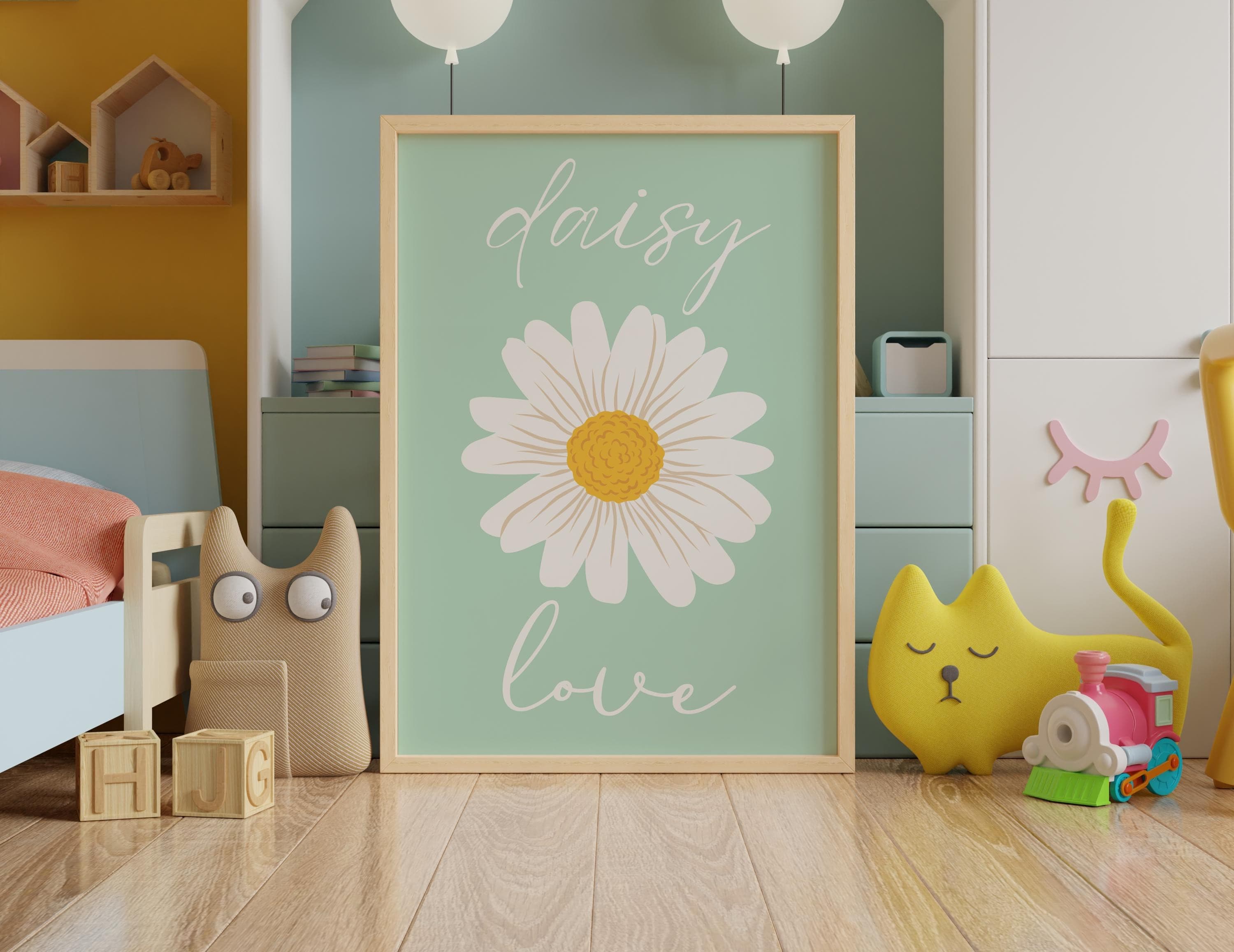 Modern floral digital download featuring white daisies on green.