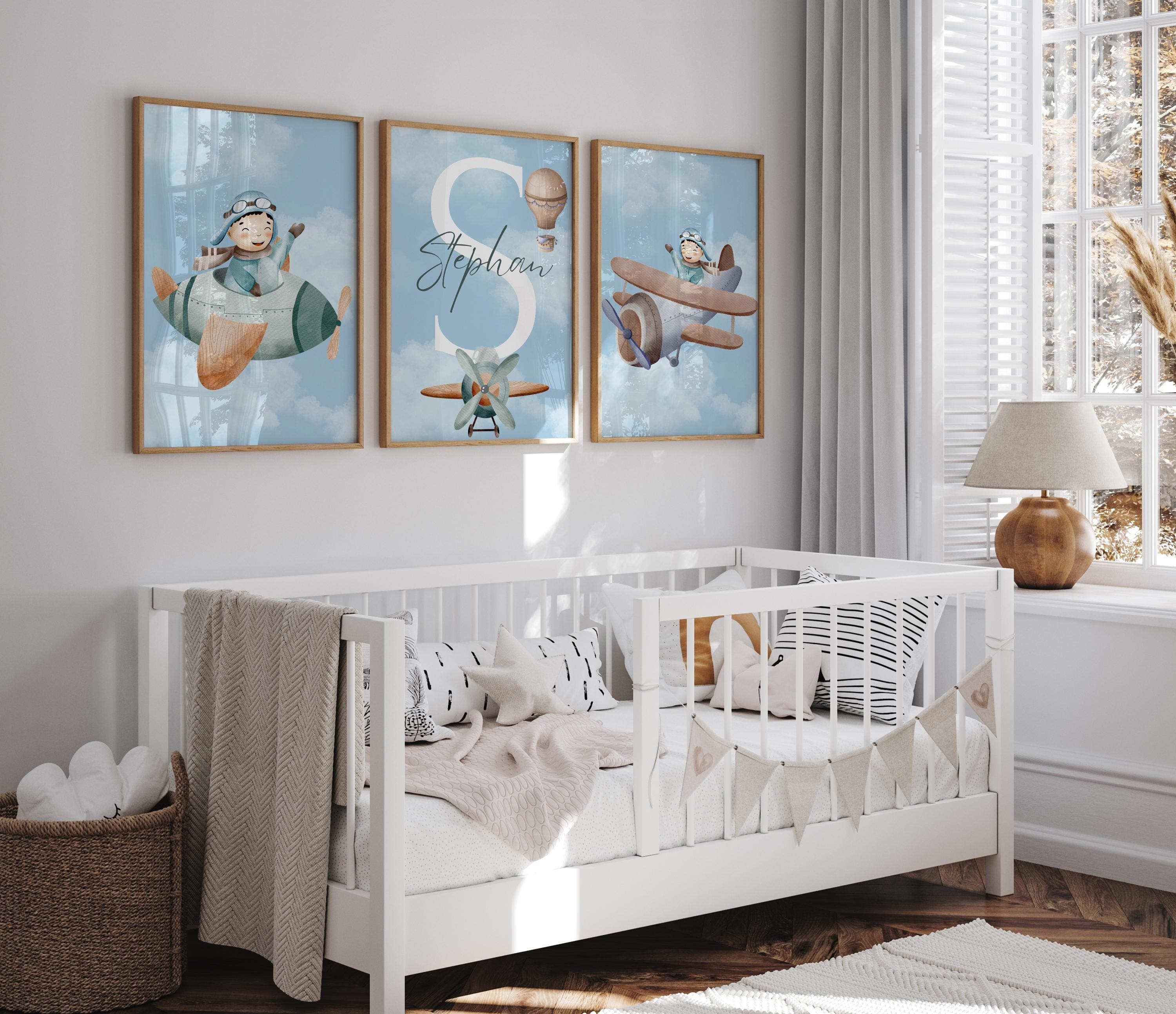 Watercolor airplane-themed boys room art
