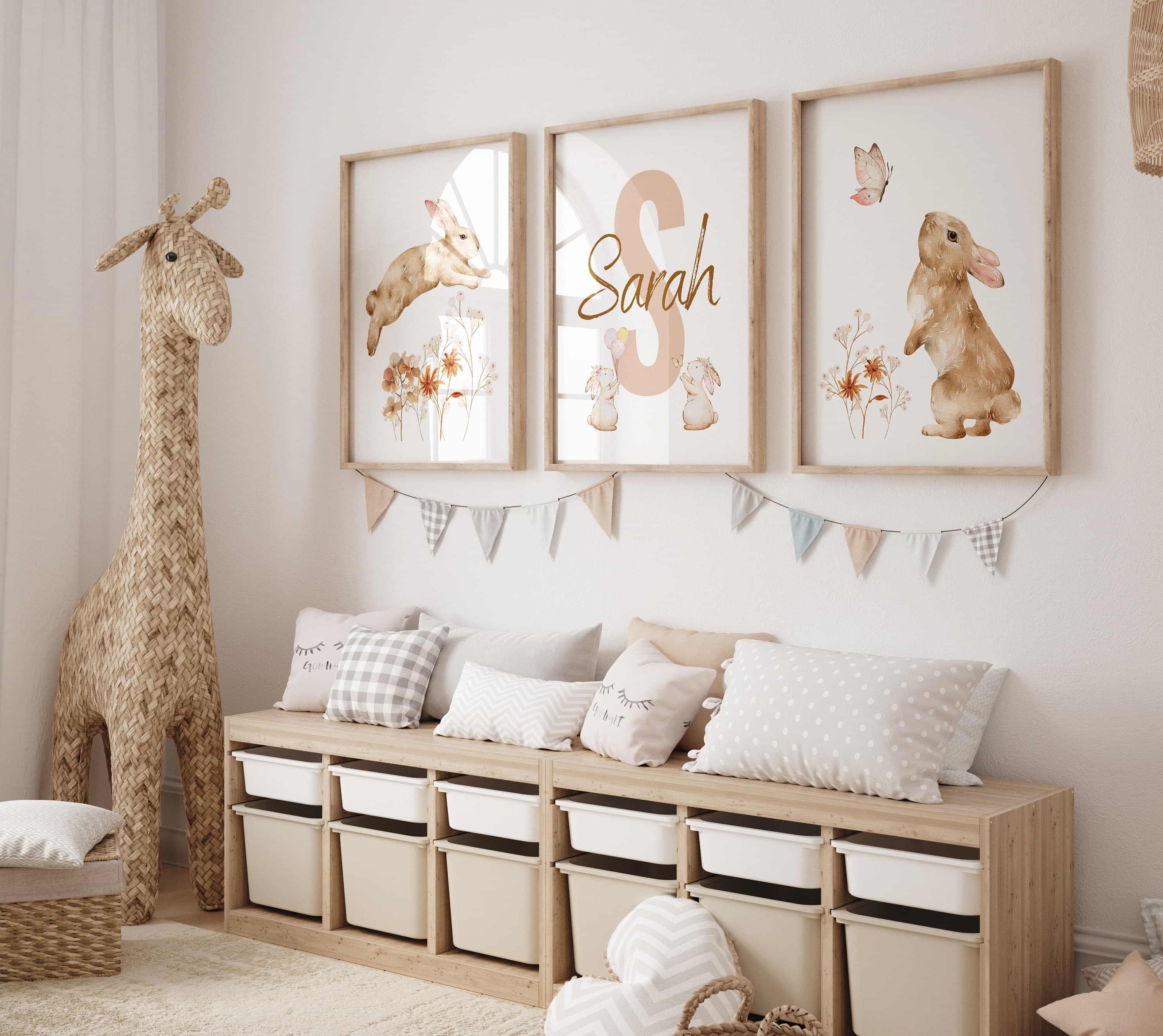 Brown floral and bunny wall art for girls' nursery rooms.