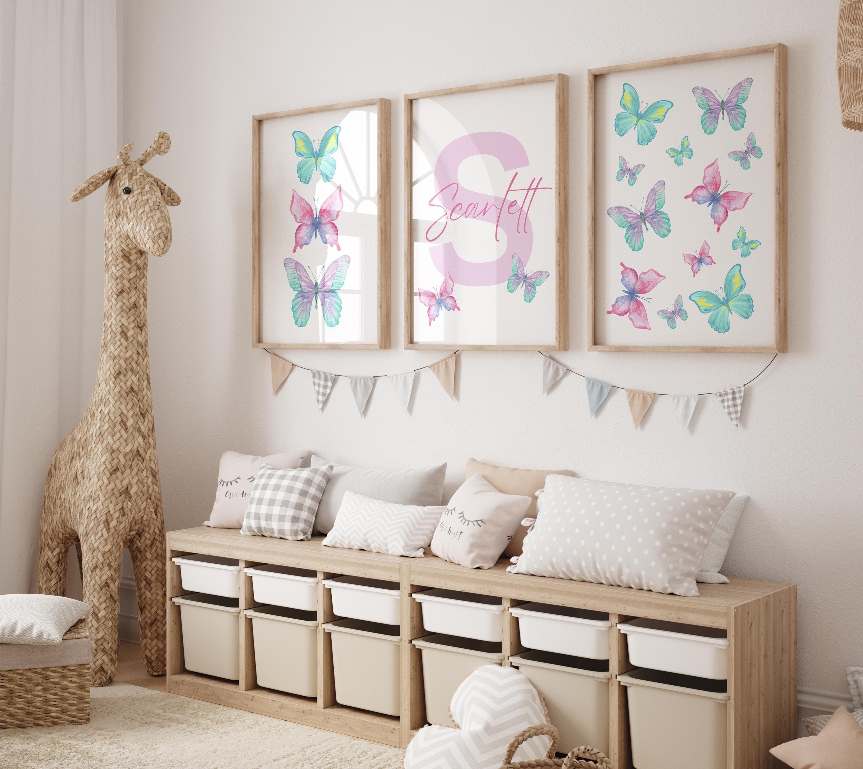Personalized Butterfly Wall Art Set – 3 Pieces, Colorful Design for Girls' Room, Customizable Digital Download, Butterfly Nursery Decor