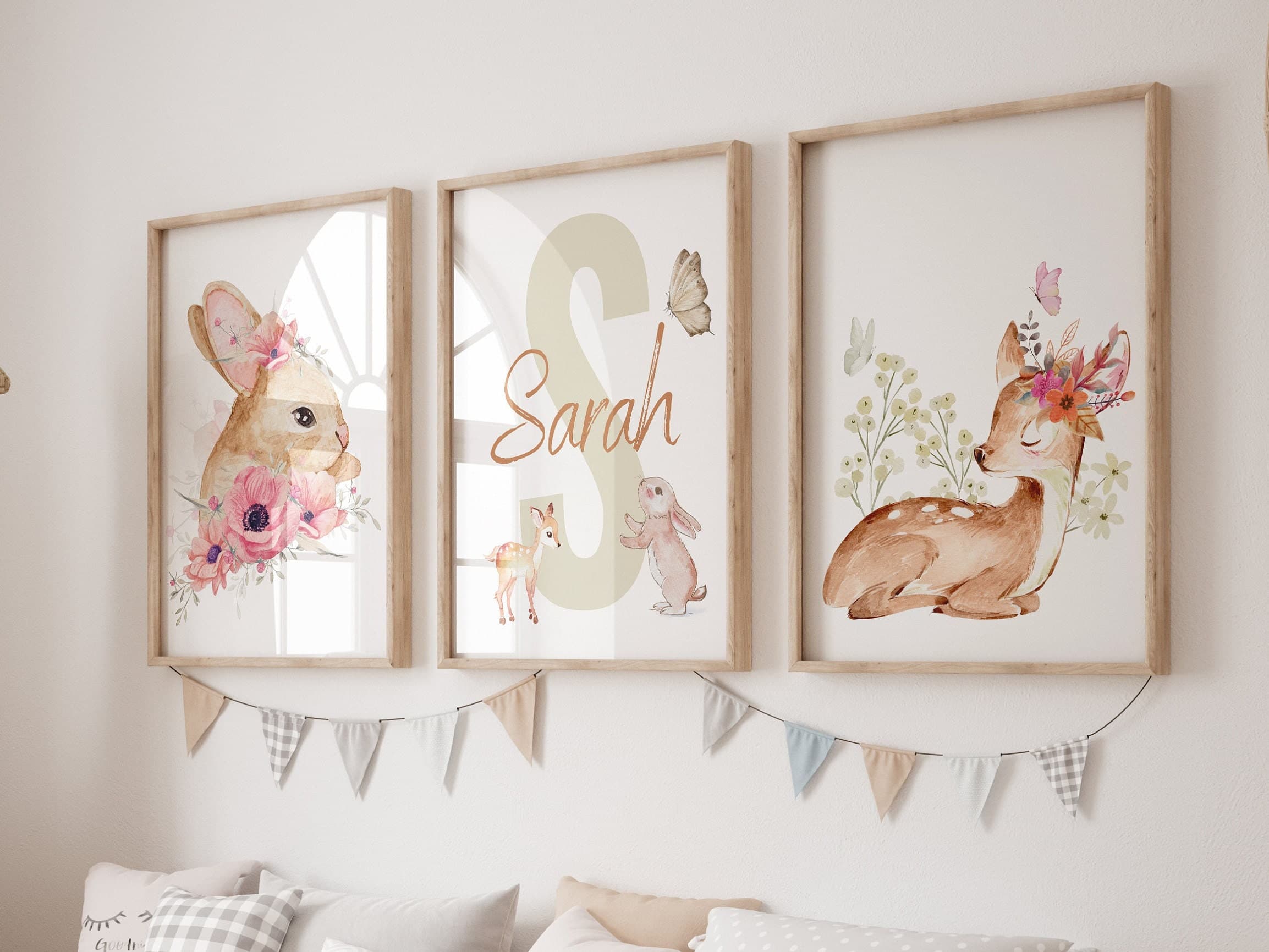 Personalized Blush Safari Animal Nursery Art / Set of 3 Safari Nursery Prints / Printable / Pink Flower Nursery Decor / Baby Girl Nursery