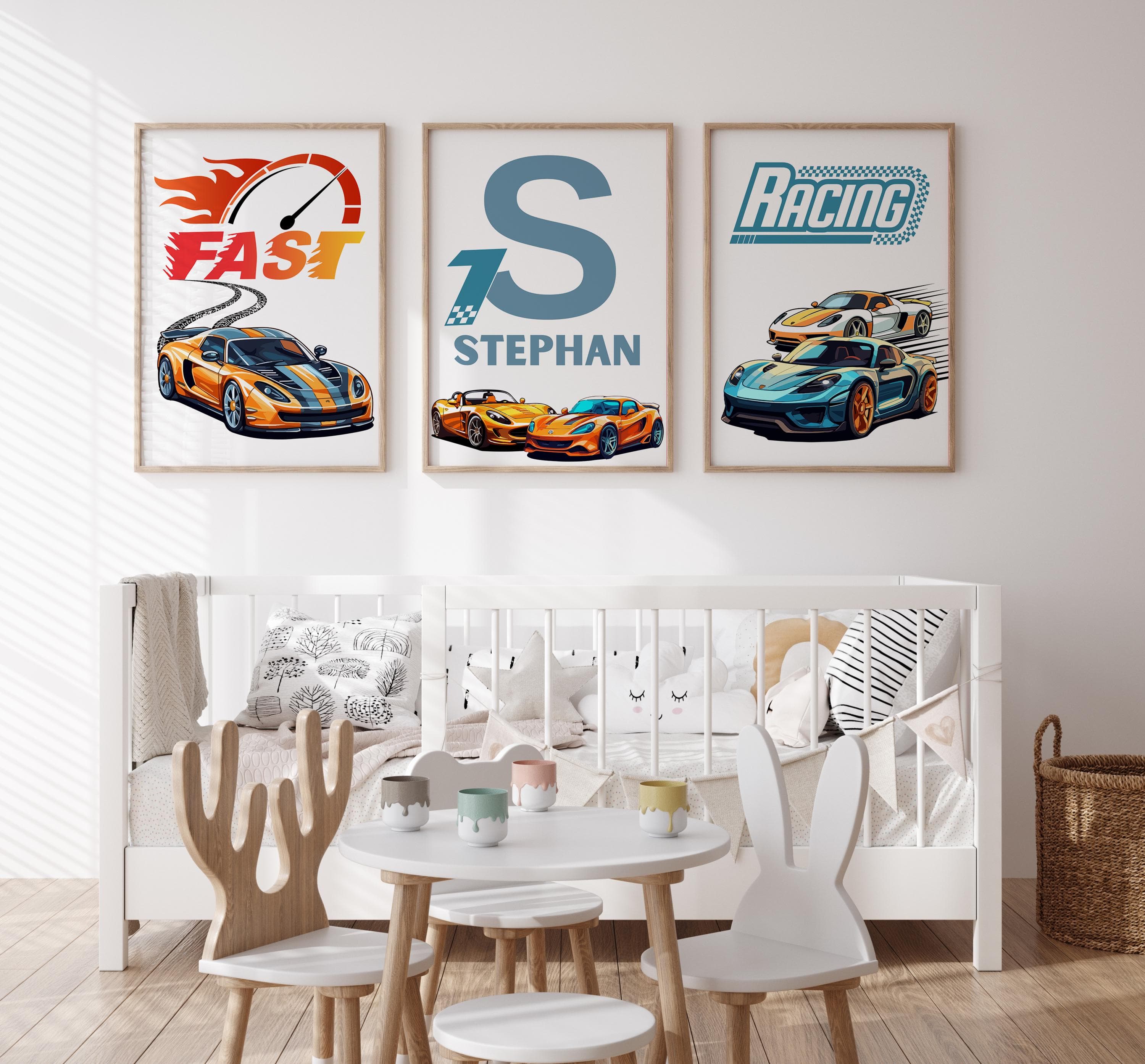 Custom name racing car wall decor set for boys room