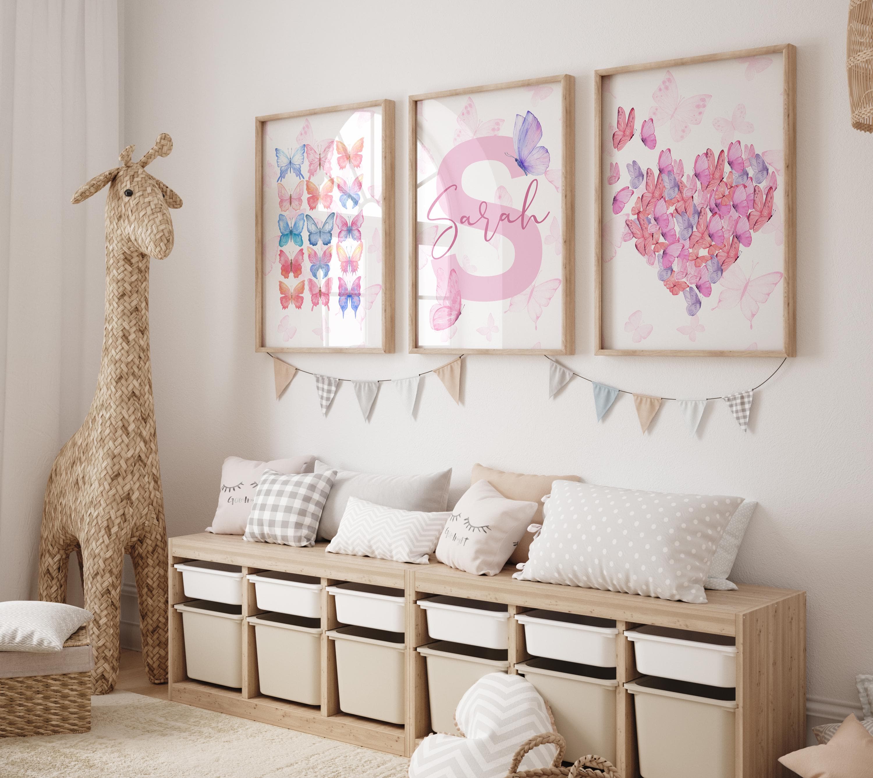 Personalized Butterfly Heart Wall Art – Pink Watercolor Girls Room Decor – Custom Name Nursery Print – Whimsical Butterfly Theme - Pink Art