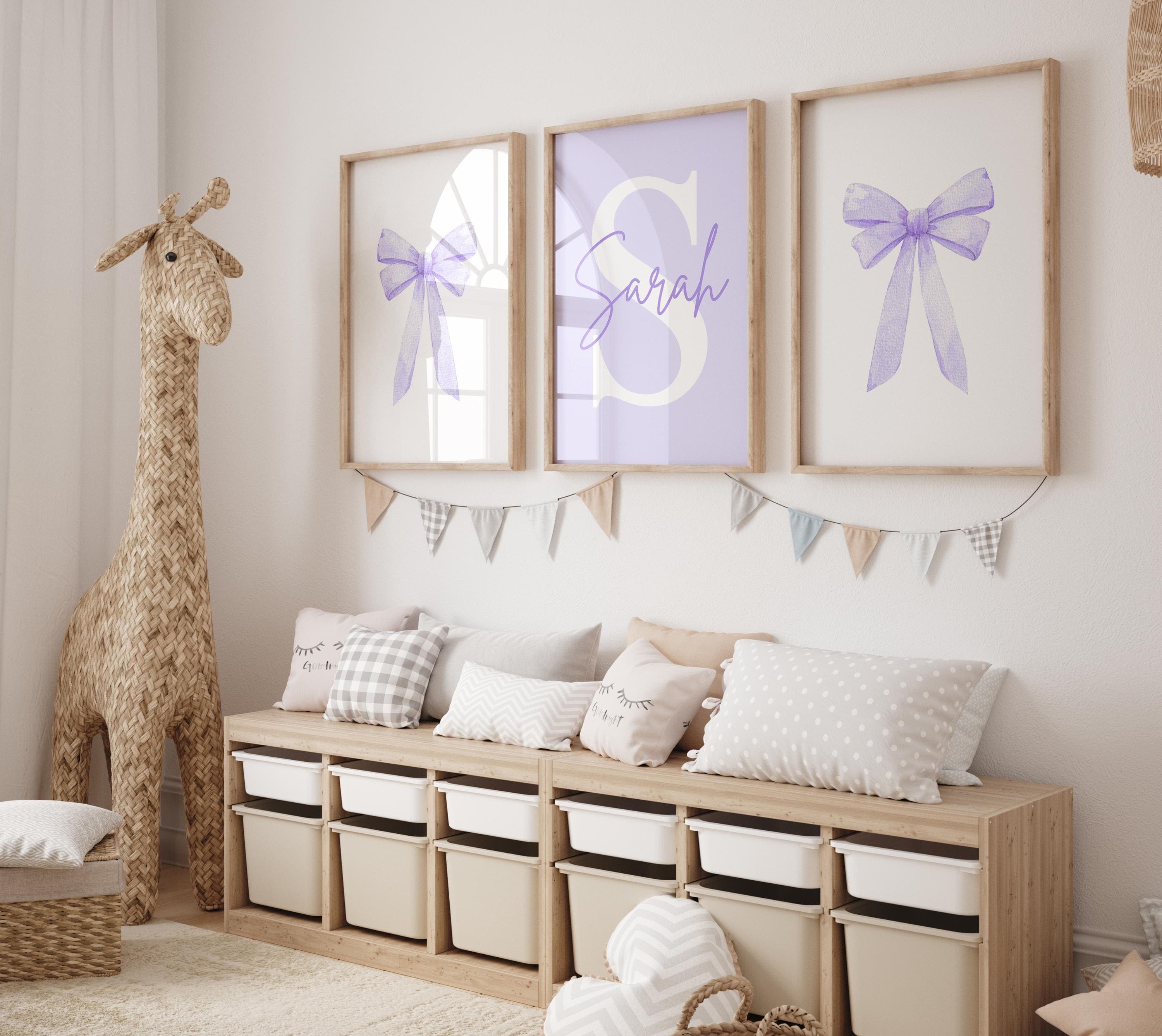 Purple Bow Wall Art Set for Girls – 3 Piece Custom Name Nursery Prints, Editable Violet Bow Digital Decor for Baby Girl Room, Purple Nursery