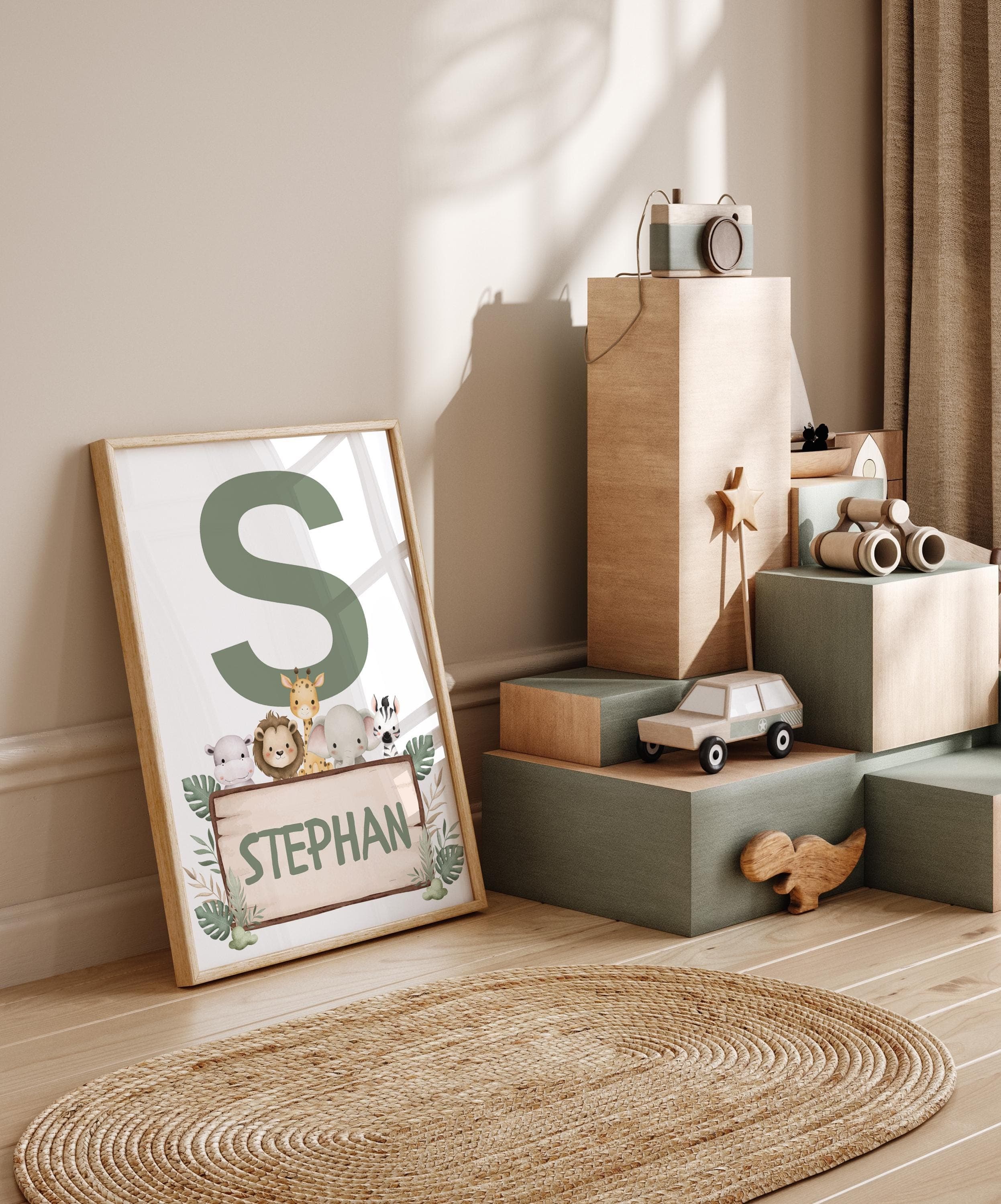Jungle map wall art for boys' safari-themed bedroom.