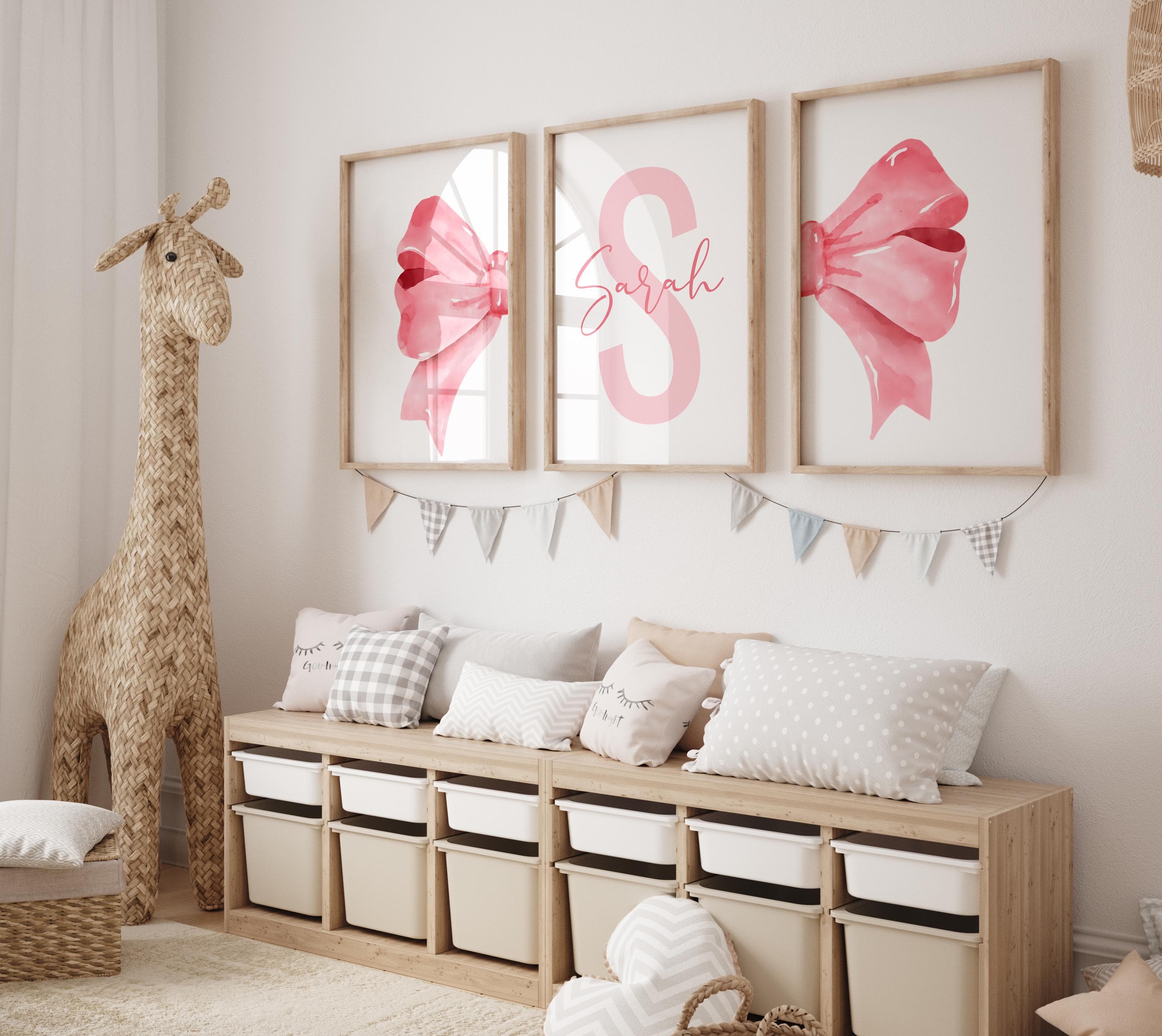 Pink Bow Wall Art for Girl’s Room – Personalized Name Print – Watercolor Nursery Decor – 3 Piece Digital Download – Cute Baby Girl Gift
