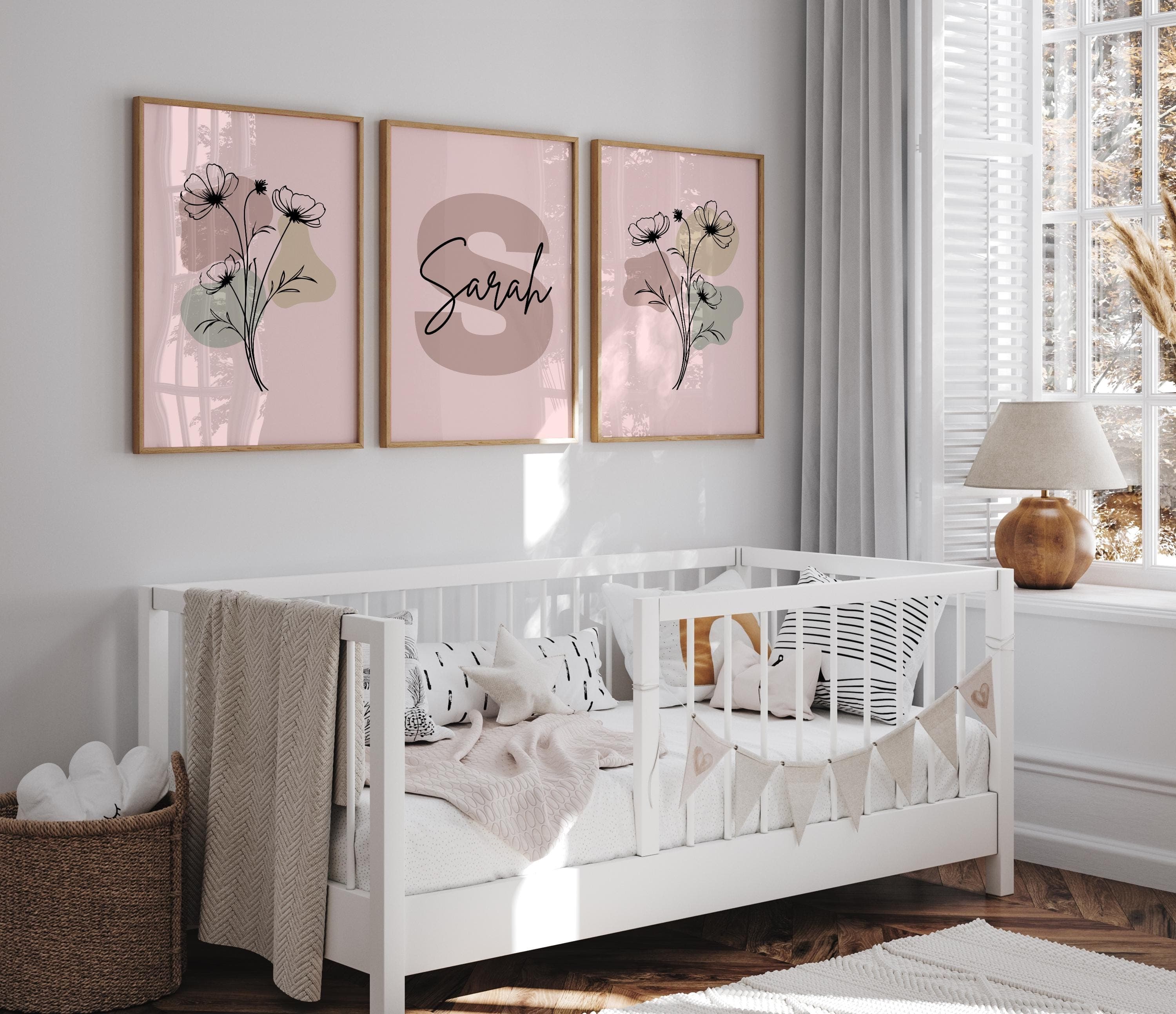 Outline floral-themed digital prints for baby room decor.