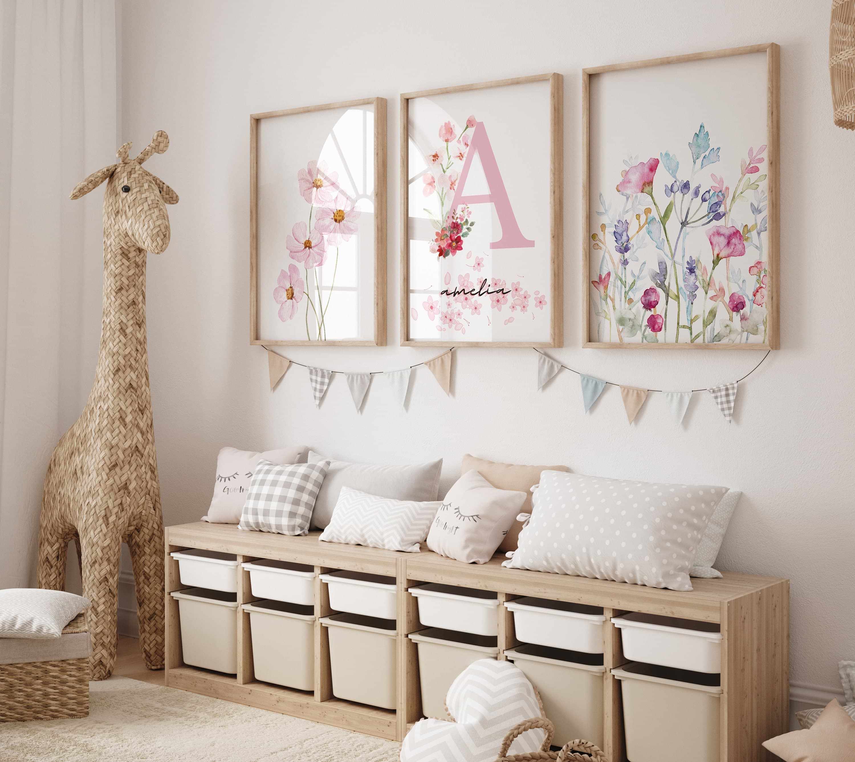 Floral Baby Name Print Nursery Initial Print With Girls Name Print Pink Boho Floral Print For Baby Girl Nursery Wall Art Pink Nursery