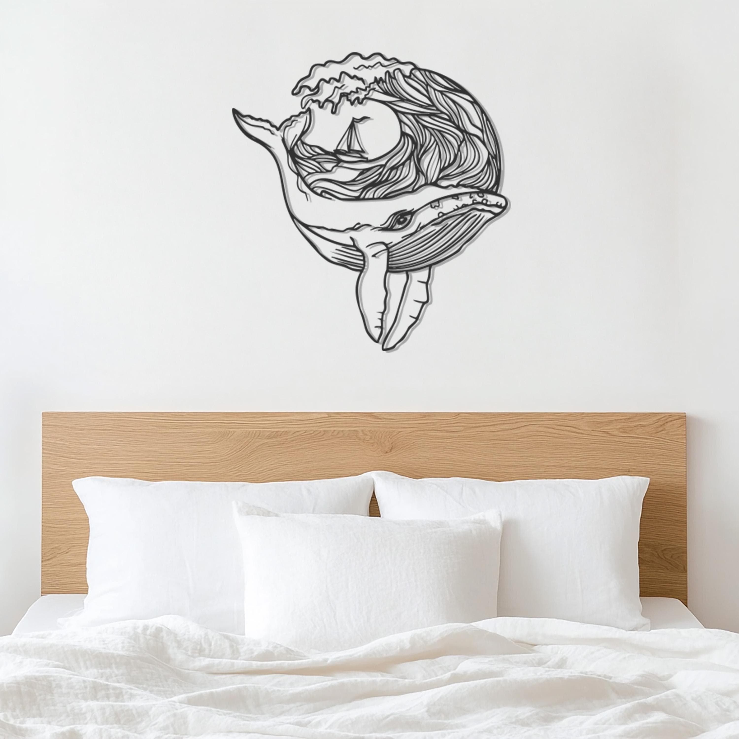 Whale Metal Wall Art, Nautical Ocean Wave Decor, Sailboat Sea Life Panel, Marine Animal Wall Sculpture, Wall Art, Coastal Living Room Gift