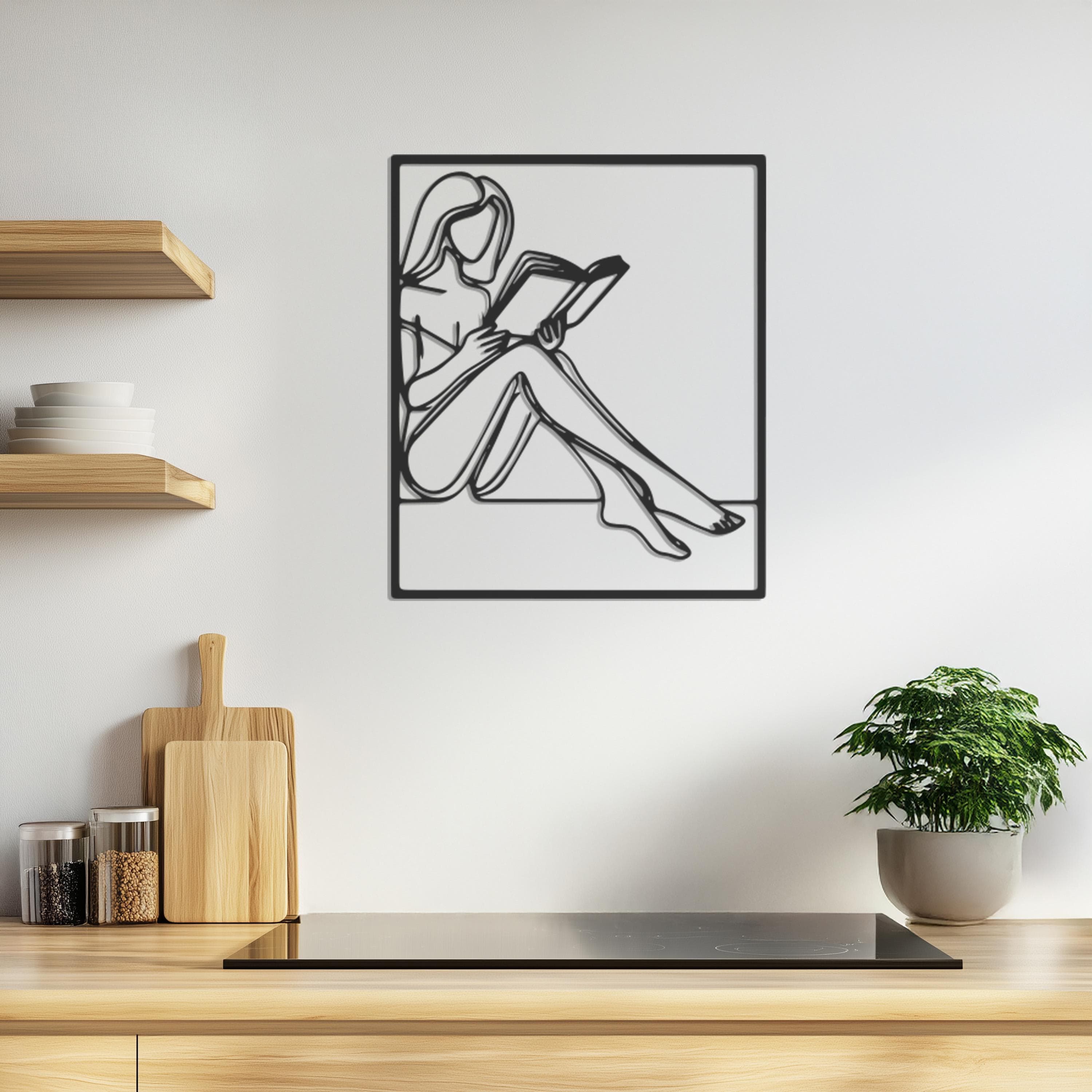 Metal Wall Art Woman Reading, Minimalist Line Decor, Modern Female Silhouette, Bedroom Library Accent, Metal Wall Art Decor, Gift for Home