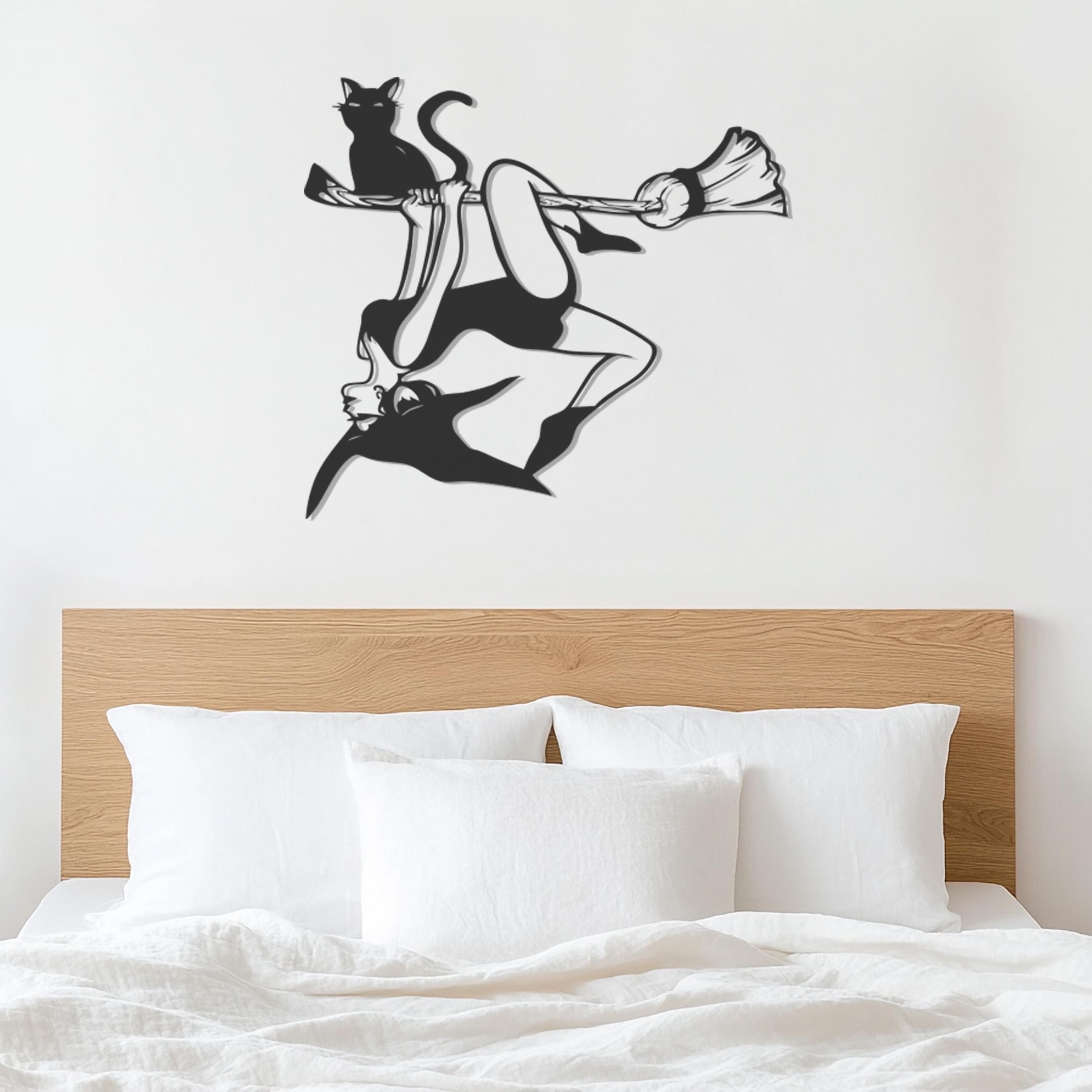 Witch On Broomstick Metal Wall Art, Halloween Home Decor, Flying Witch And Cat Silhouette, Metal Wall Art, Wall Hangings, Witch Gift For Her