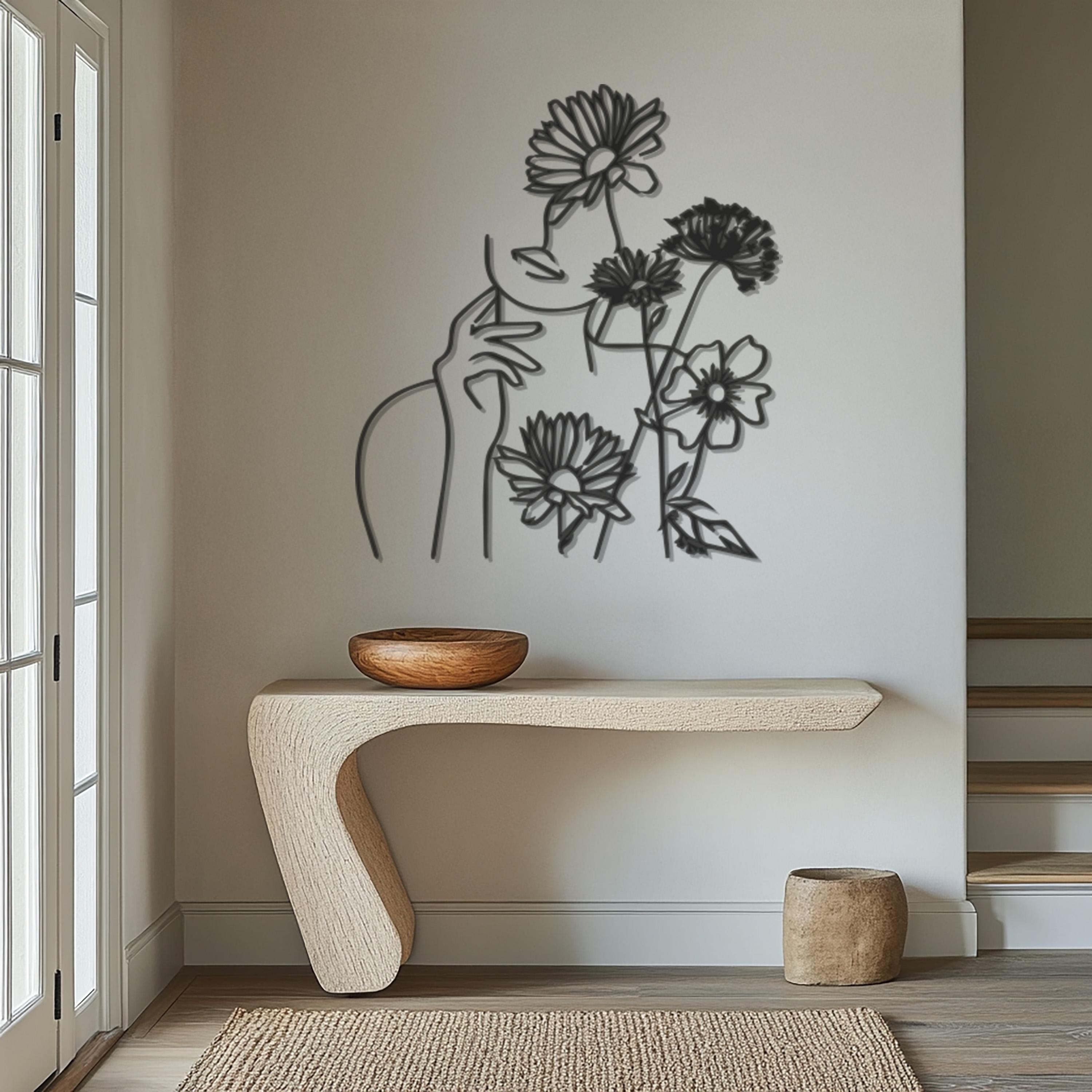 Minimalist Flower and Hand Metal Wall Art, Female Body Wire Sculpture, Modern Line Art for Bathroom or Home, Housewarming Gift Decor