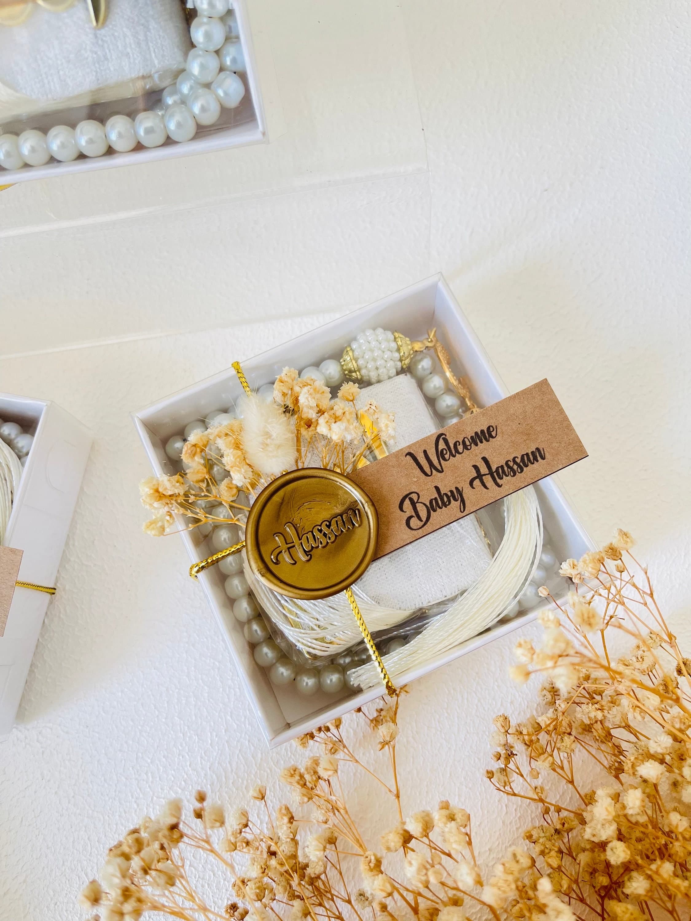 Personalized Velvet Mini Quran & Glass Tasbeeh Set: Islamic Baby Shower Favors