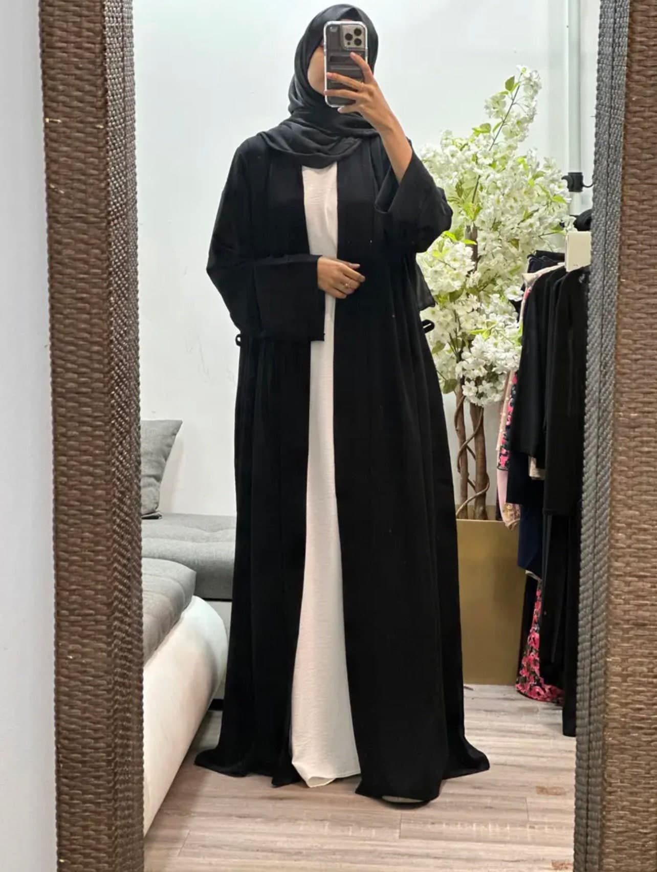open abaya with flare sleeves and belt
