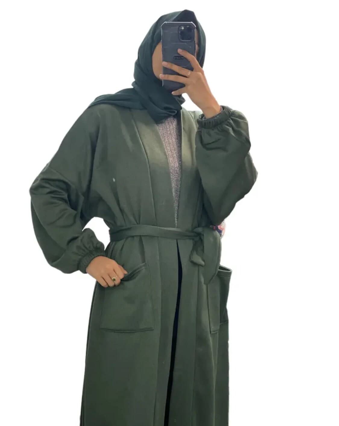 May modesty : ladies Open pocket textured coat with inside fleece and belt