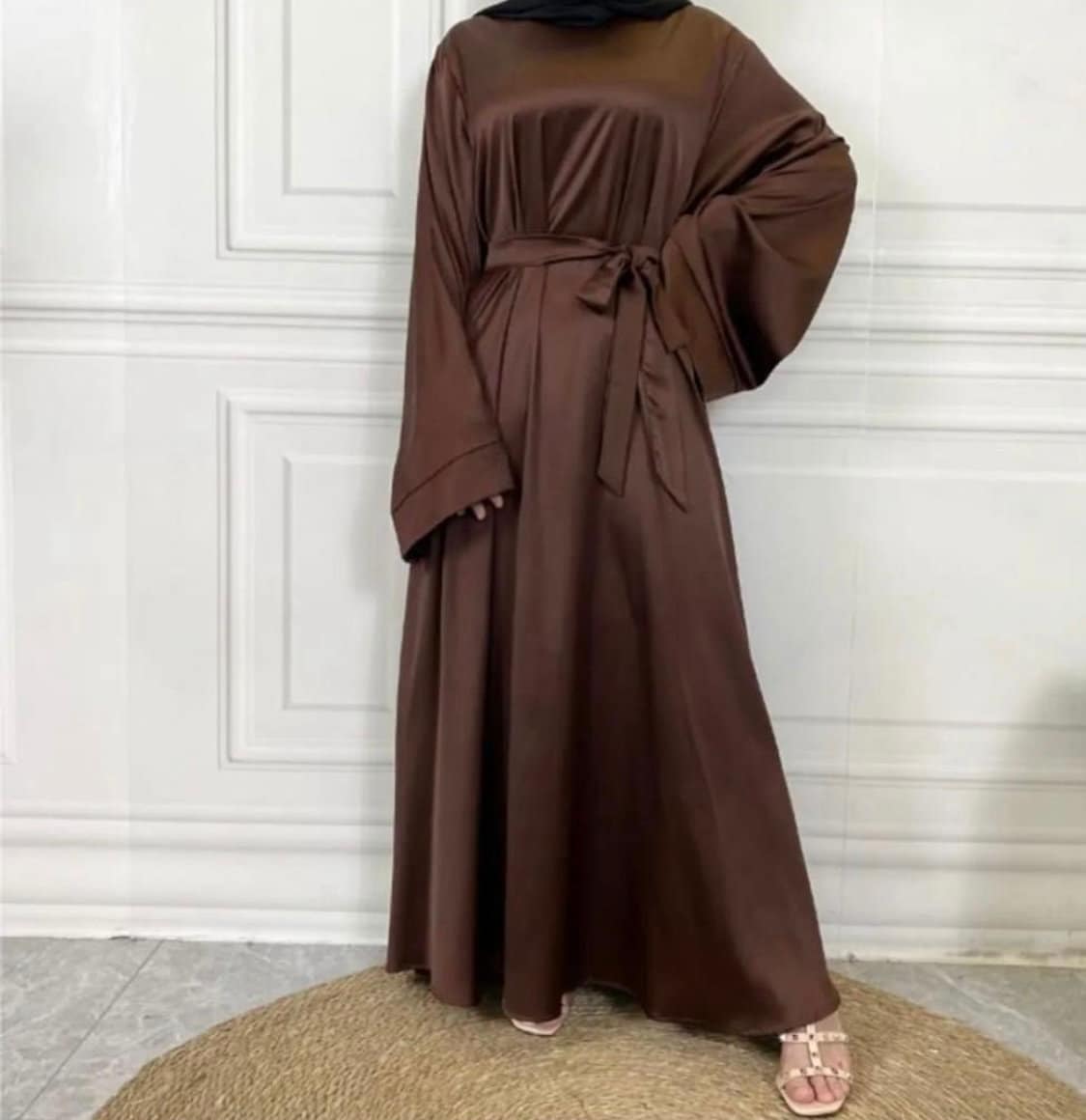 Satin abaya with flare sleeves and belt