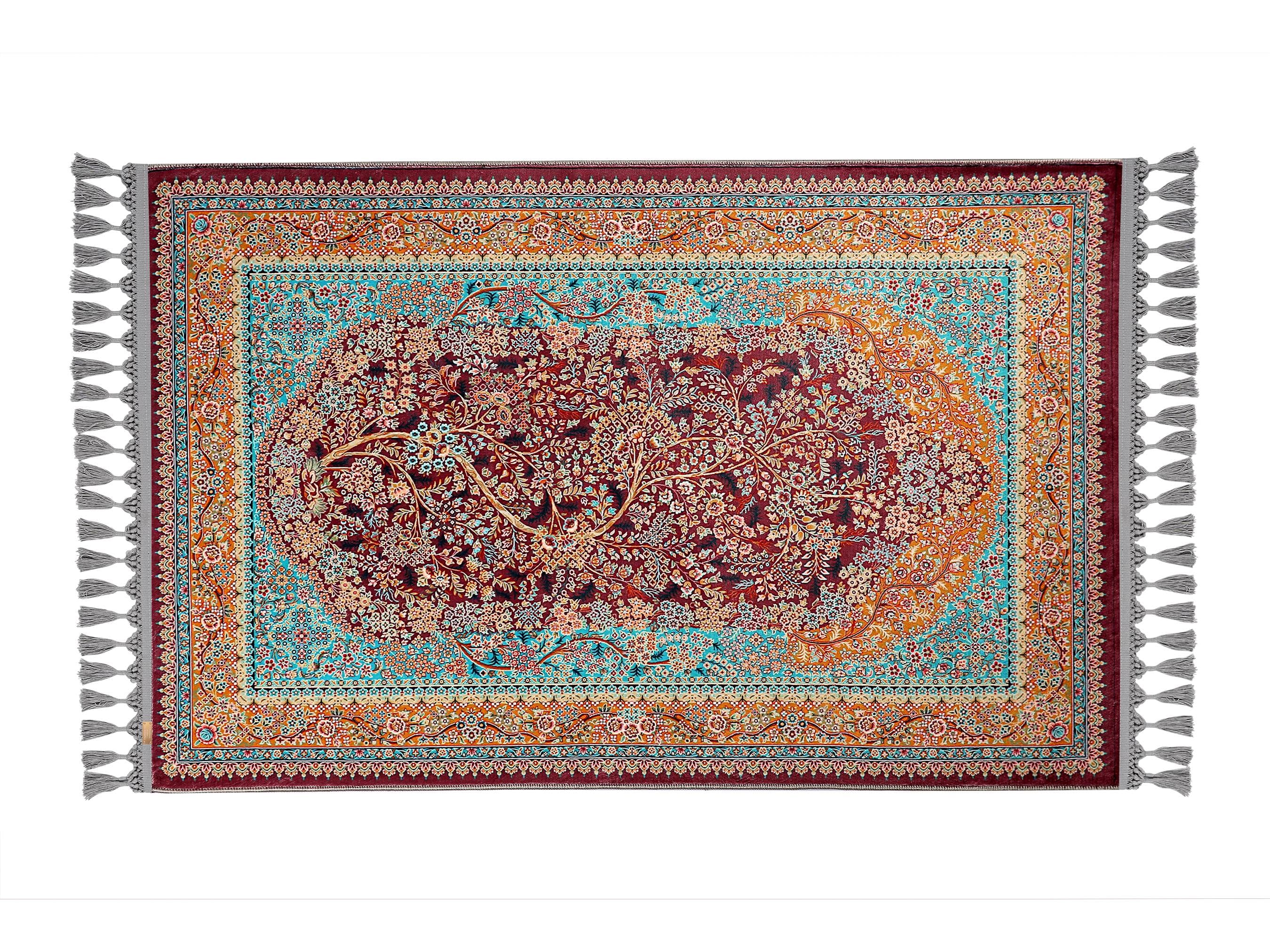 Turkish prayer rug with a burgundy and green Tree of Life mihrab design, made of soft cotton woven base with non-slip backing. Measures 80x125 cm (31.5"x49.2"), 7 mm thick, and weighs 1.738 kg. Inspired by Islamic symbolism and Ottoman garden motifs, it showcases elegant style with hand-knotted fringes. Ideal for daily prayers at home, travel, or mosque. A meaningful gift for weddings, Ramadan, Eid, or Hajj. Optional name personalization and custom sizing available.
