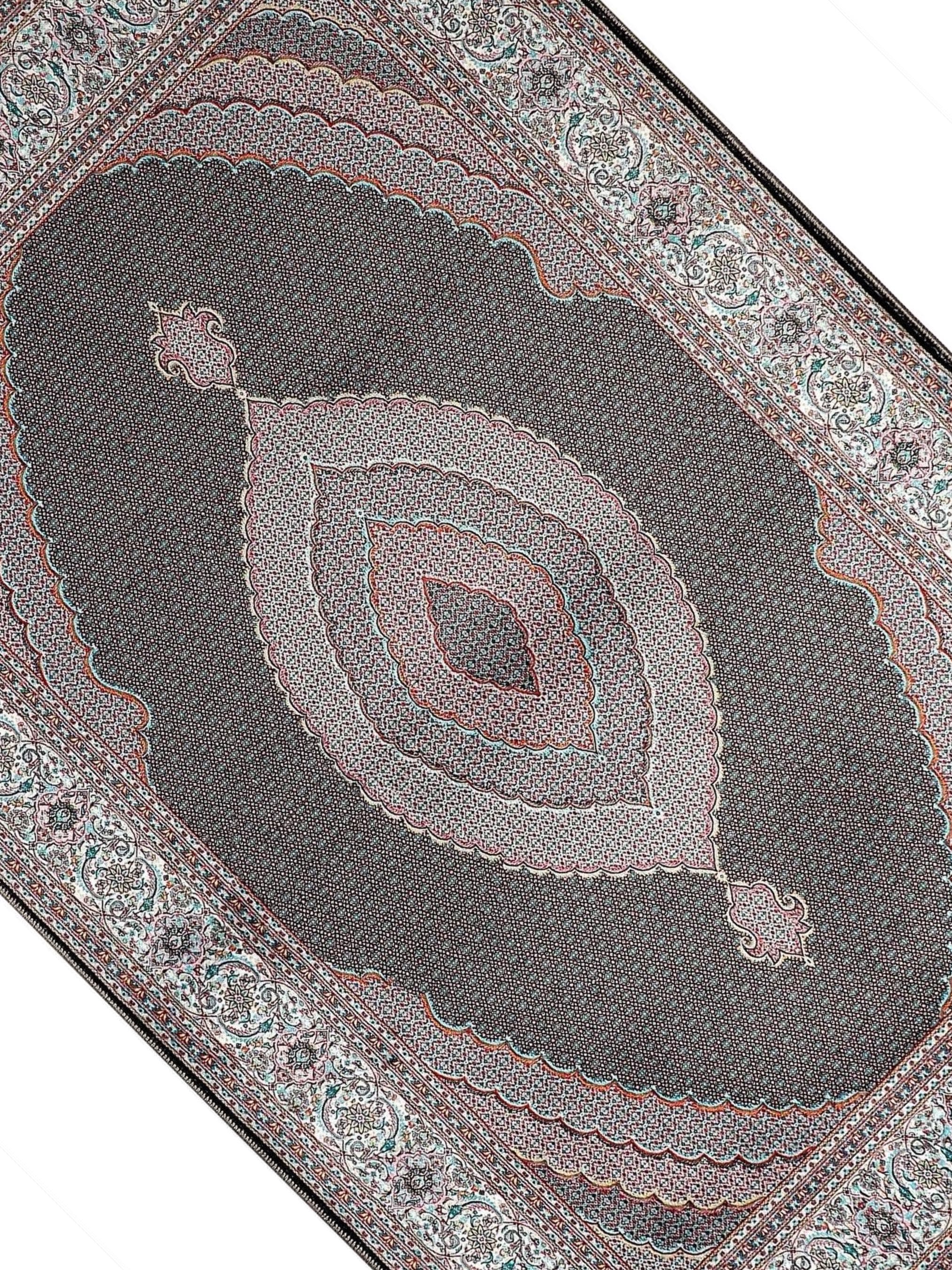 Turkish prayer rug with a beige and coffee brown Turkish medallion design, made of soft cotton woven base with non-slip backing. Measures 80x125 cm (31.5"x49.2"), 7 mm thick, and weighs 1.738 kg. Inspired by traditional Turkish carpet motifs, it showcases elegant Islamic style with hand-knotted fringes. Ideal for daily prayers at home, travel, or mosque. A meaningful gift for weddings, Ramadan, Eid, or Hajj. Optional name personalization and custom sizing available.