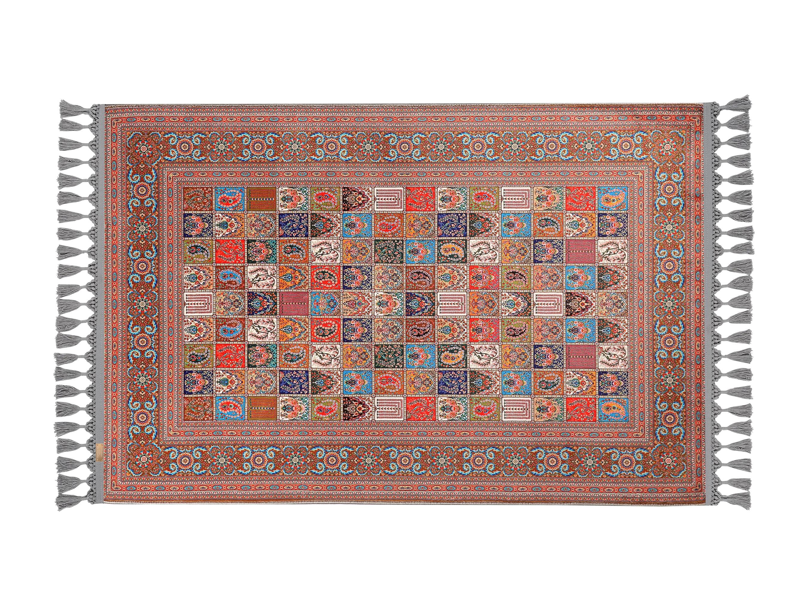 Turkish prayer rug with a multicolor Hereke silk carpet pattern, made of soft cotton woven base with non-slip backing. Measures 80x125 cm (31.5"x49.2"), 7 mm thick, and weighs 1.738 kg. Inspired by classical Hereke designs, known for intricate floral and medallion motifs. It showcases elegant Islamic style with hand-knotted fringes. Ideal for daily prayers at home, travel, or mosque. A meaningful gift for weddings, Ramadan, Eid, or Hajj. Optional name personalization and custom sizing available