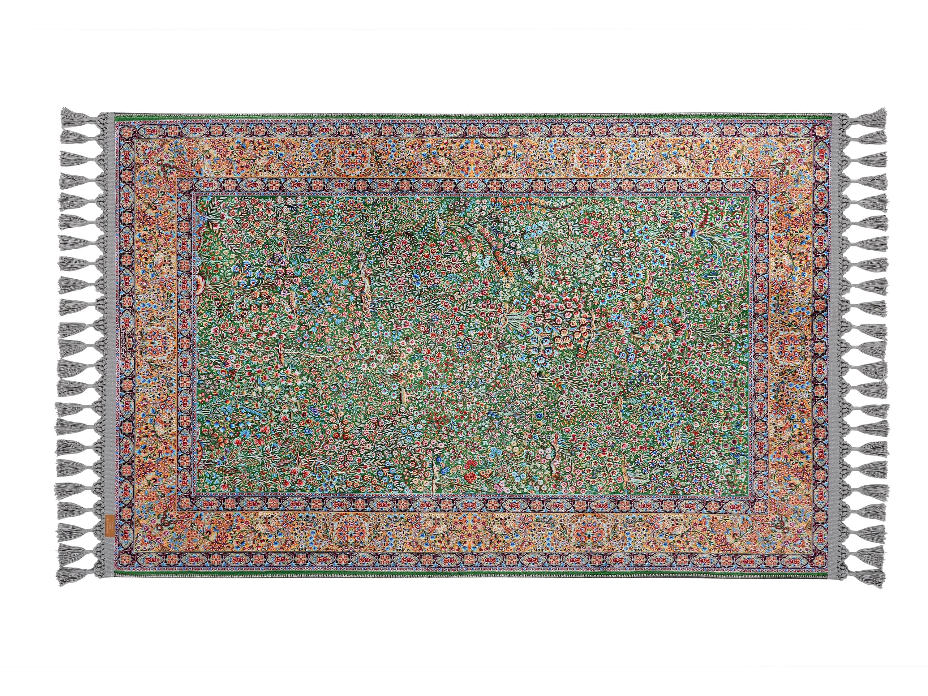 Turkish prayer rug with a green floral design, made of soft cotton woven base with non-slip backing. Soft texture. Measures 80x125 cm (31.5"x49.2"), 7 mm thick, and weighs 1.738 kg. Inspired by traditional Islamic floral motifs, it reflects elegant style with hand-knotted fringes. Ideal for daily prayers at home, travel, or mosque. A meaningful Islamic gift — suitable for weddings, Ramadan, Eid, or Hajj. Optional name printing and custom sizing available.