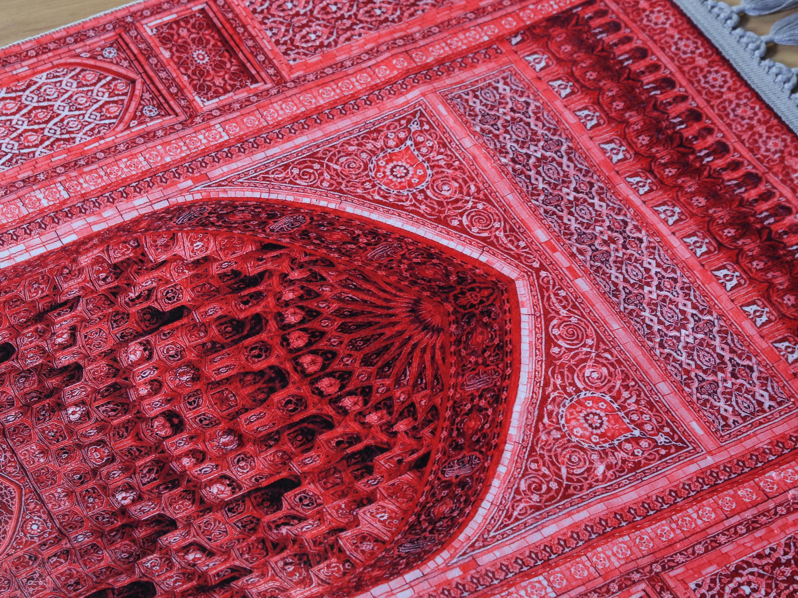 Personalized Prayer Rug Muslim Soft Silky Islamic Turkish Gebetsteppich Red Prayer Mat - image 5