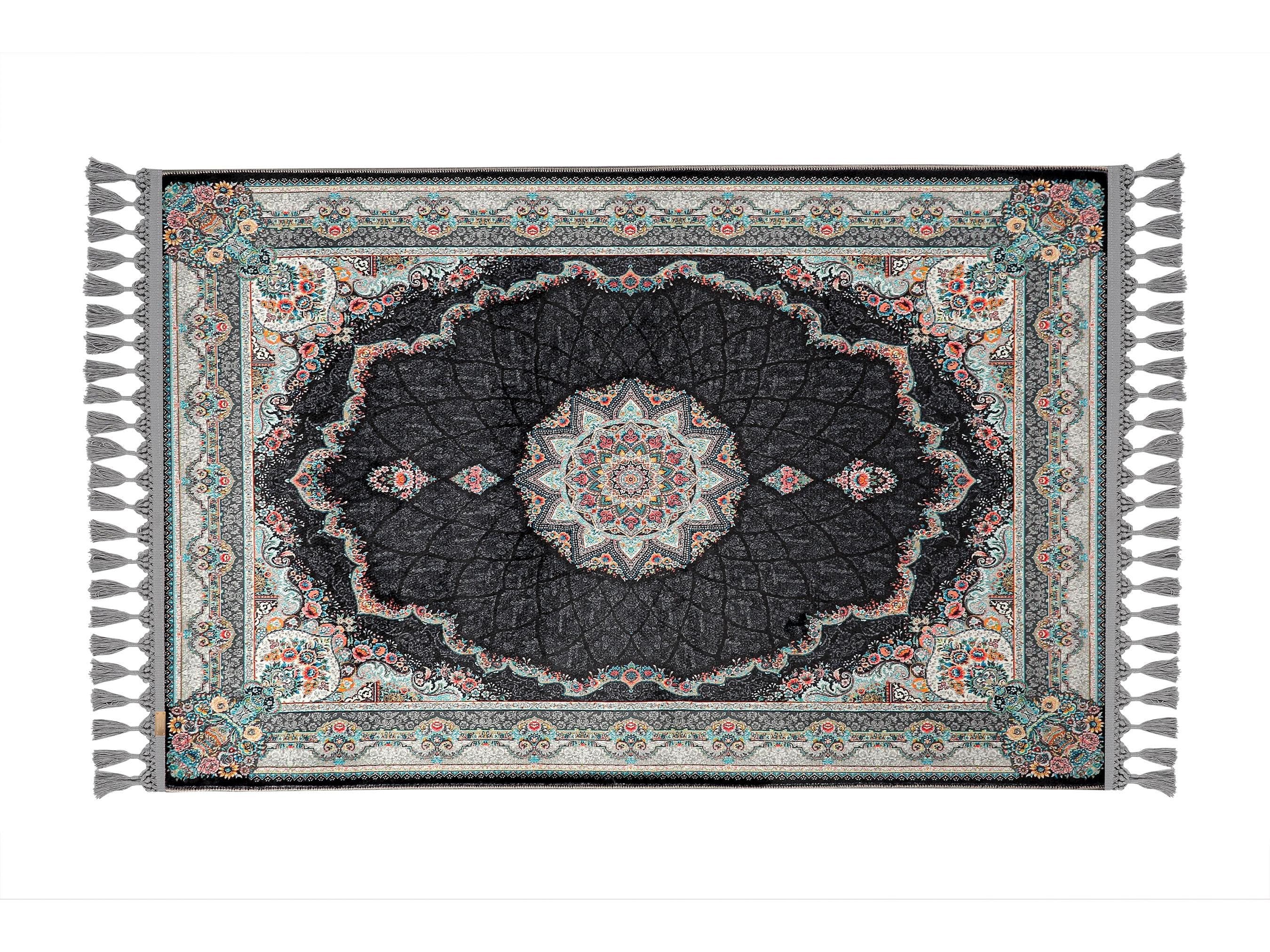 Turkish prayer rug with a black and blue medallion design, made of soft cotton woven base with non-slip backing. Measures 80x125 cm (31.5"x49.2"), 7 mm thick, and weighs 1.738 kg. Inspired by traditional Turkish carpet motifs, it showcases elegant Islamic style with hand-knotted fringes. Ideal for daily prayers at home, travel, or mosque. A meaningful gift for weddings, Ramadan, Eid, or Hajj. Optional name personalization and custom sizing available.