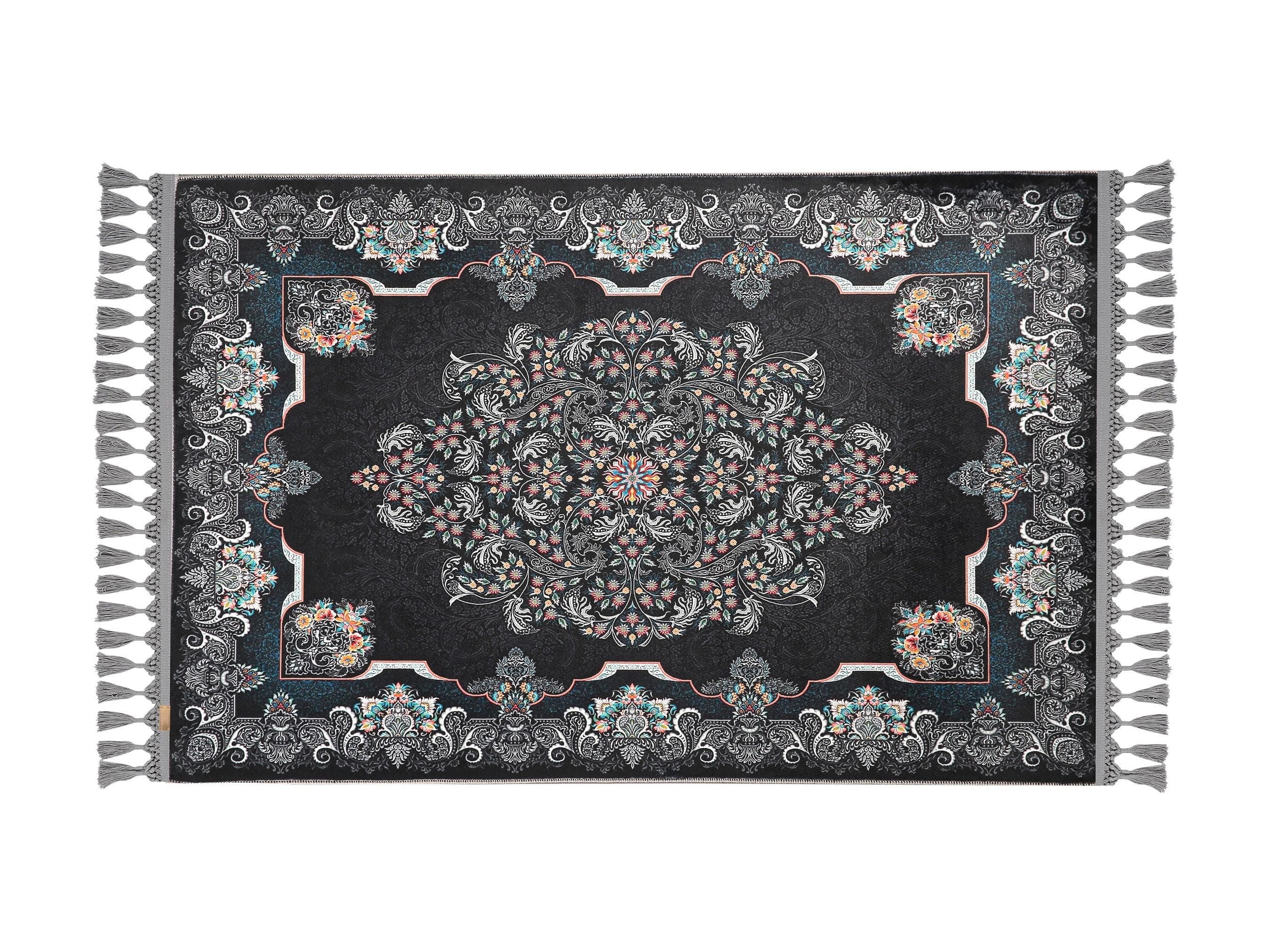 Turkish prayer rug with a black, blue, and green medallion design, made of soft cotton woven base with non-slip backing. Measures 80x125 cm (31.5"x49.2"), 7 mm thick, and weighs 1.738 kg. Inspired by traditional Turkish carpet motifs, it showcases elegant Islamic style with hand-knotted fringes. Ideal for daily prayers at home, travel, or mosque. A meaningful gift for weddings, Ramadan, Eid, or Hajj. Optional name personalization and custom sizing available.