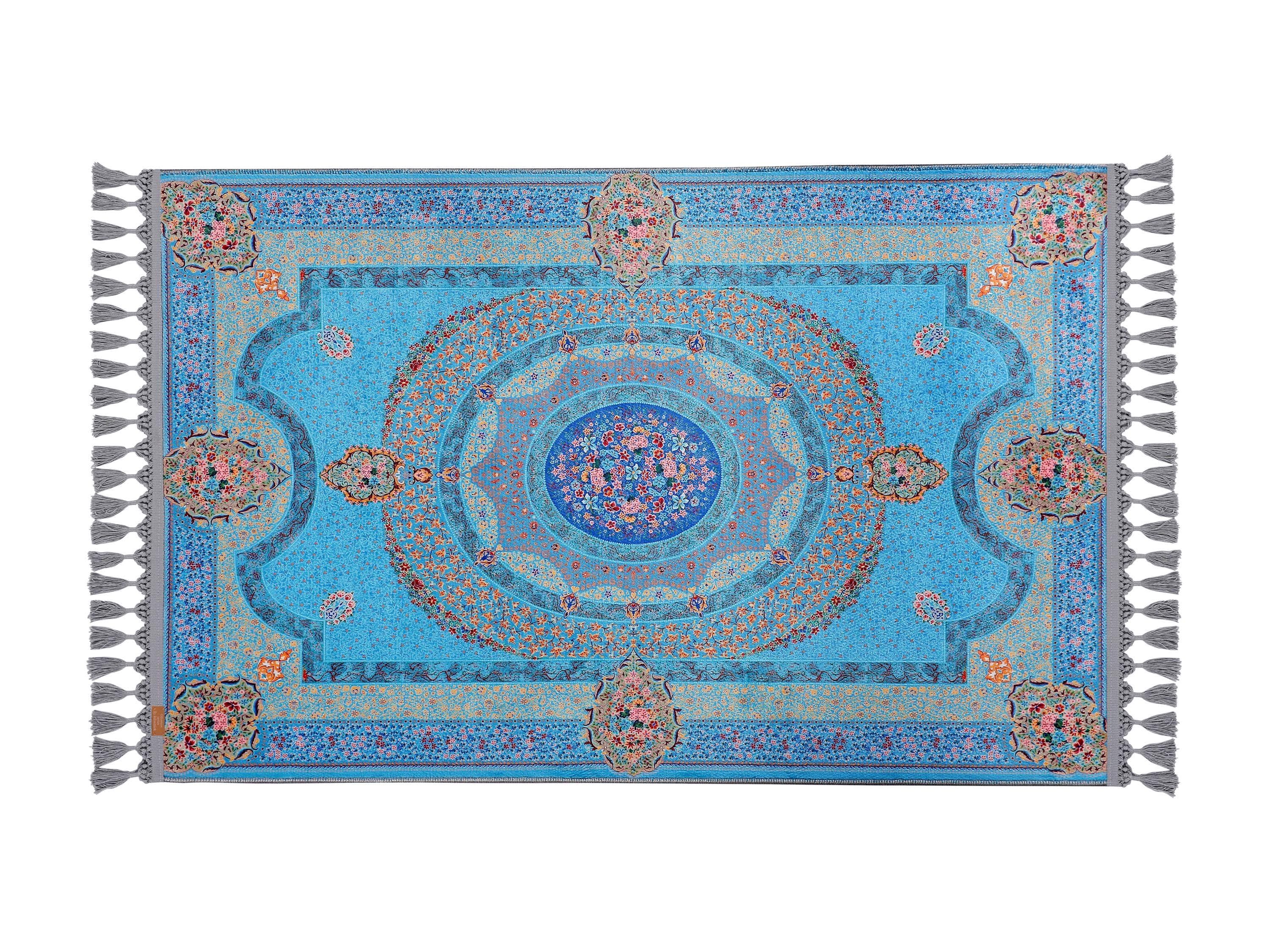 Blue Floral Turkish Carpet 
✅ Thickness: 7 mm
✅ Weight: 1 m² = 1.738 kg (2.7x4.1 ft 80x125 cm)
✅ Backing: Non-slip woven cotton base – Secure on all floor types
✅ Surface: Flat, lint-free, easy-to-clean texture
✅ Cleaning: Machine washable at 30°C – Robot vacuum compatible
✅ Color Durability: Fade-resistant print – Long-lasting vibrancy