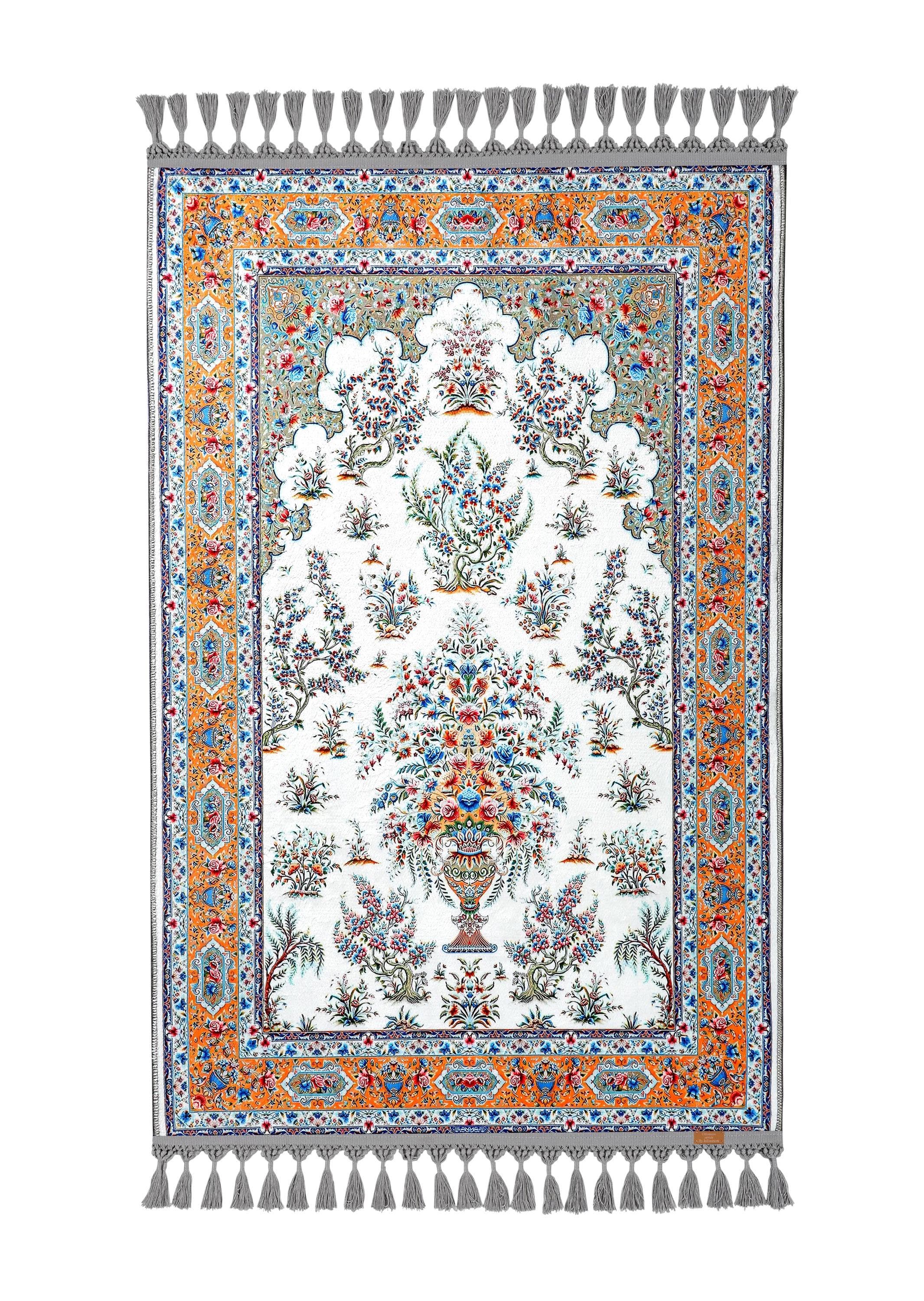 Prayer Mat & Green Orange Floral Prayer Rug: Soft Silky Luxury Mihrab Islamic Gift