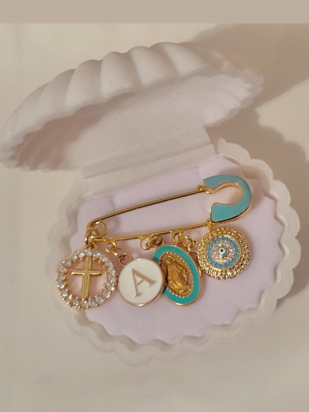 Personalized Baby Pin/Brooche, Virgin Mary Charm, Cross Charm, Name Initial