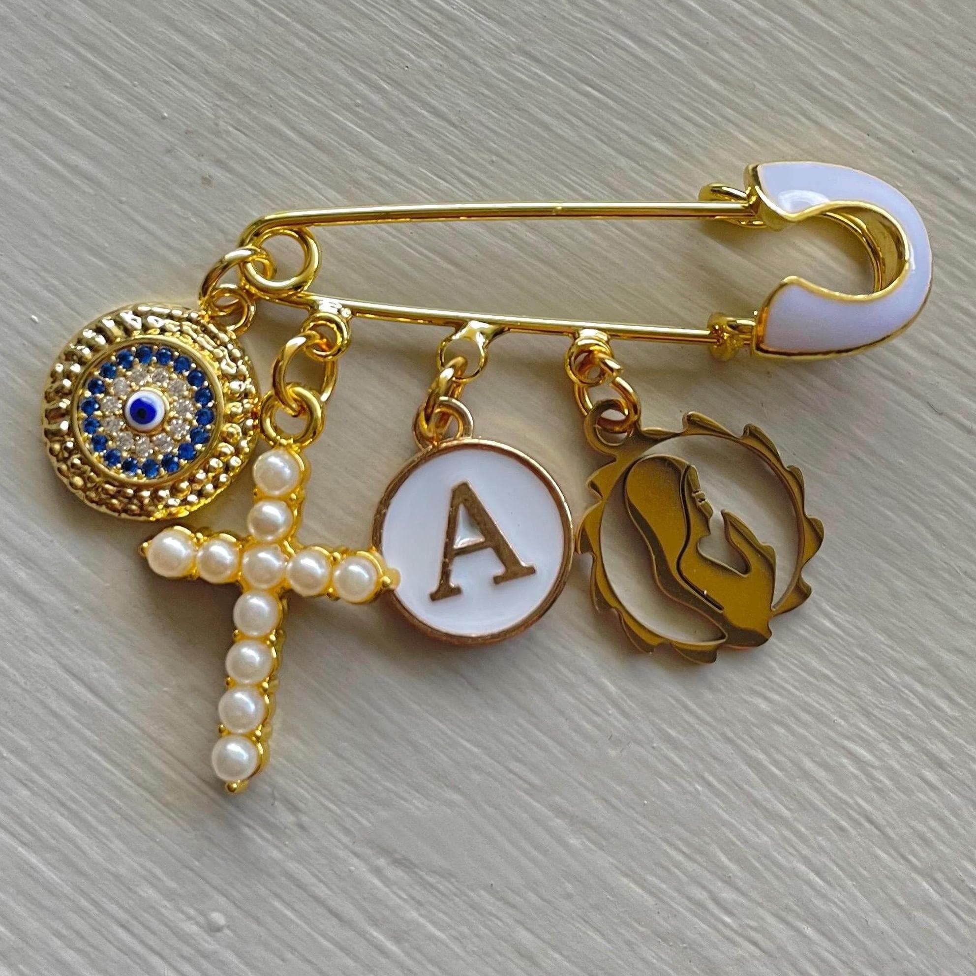 Personalized Gold Baby Pin With Virgin Mary Charm,Cross, Name Initial, Evil Eye - image 3