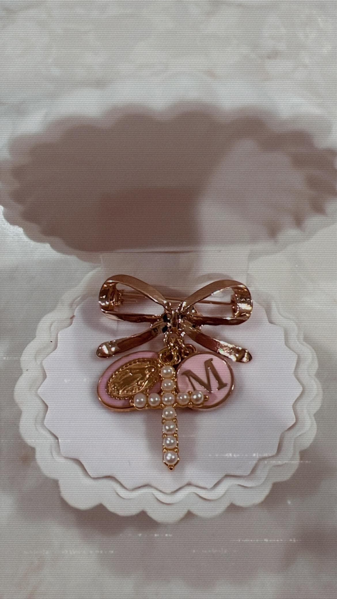 Personalized Gold BowKnot Baby Pin/Brooche, Pearl Cross, Name Initial Charm, Miraculous Medal