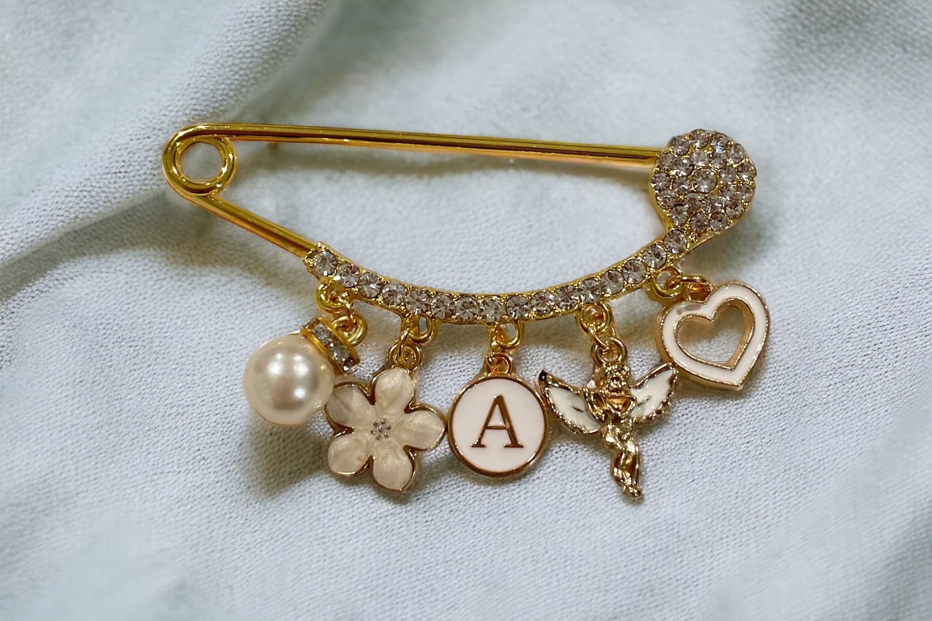 Personalized Baby Stroller Pin/Brooche, name charm, pearl, angel, heart, flower