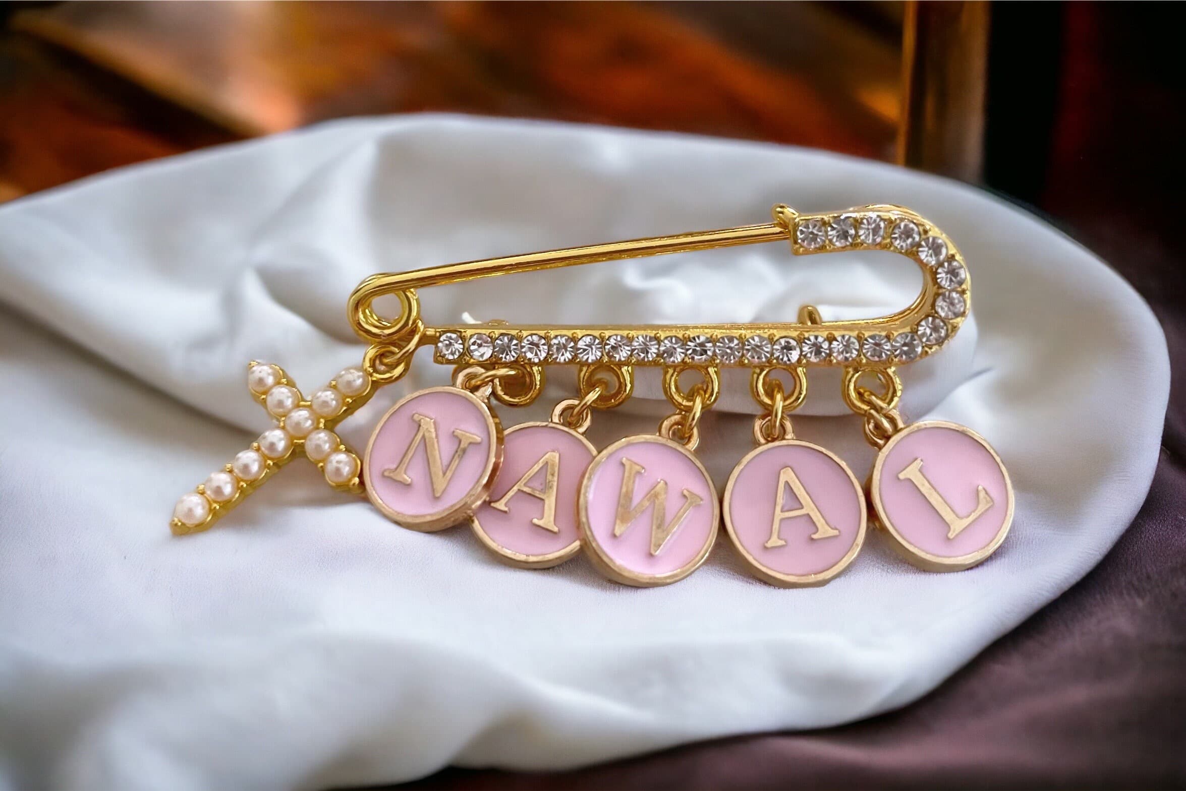 Personalized Name Gold Baby Pin With Cross Charm