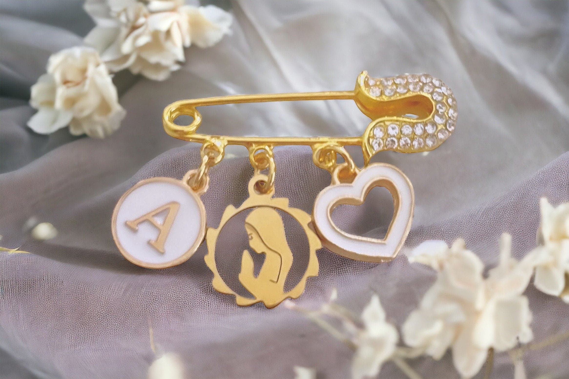 Personalized Gold Baby Pin With Virgin Mary Charm
