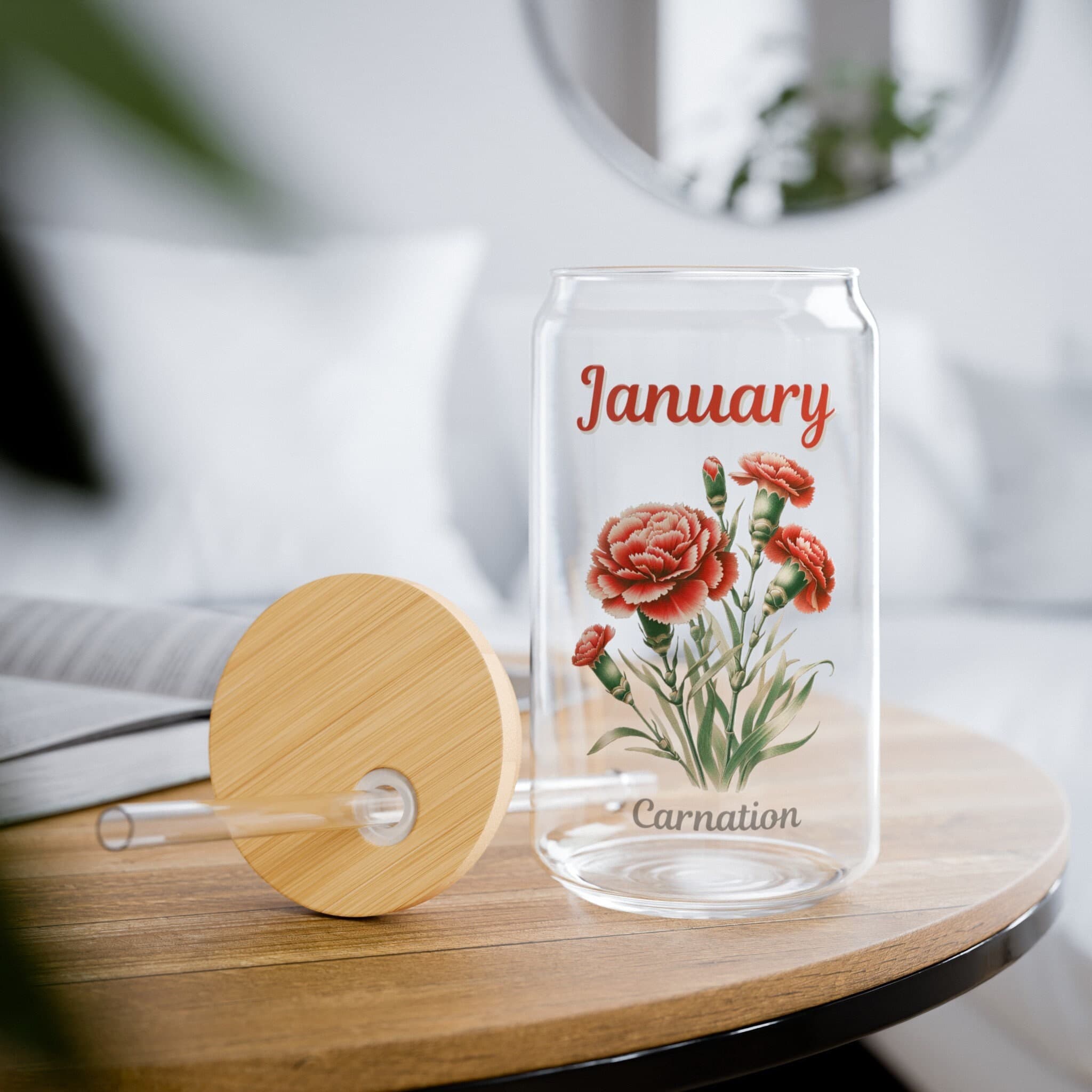 January Birth Flower Glass: Carnation Sipper with Bamboo Lid
