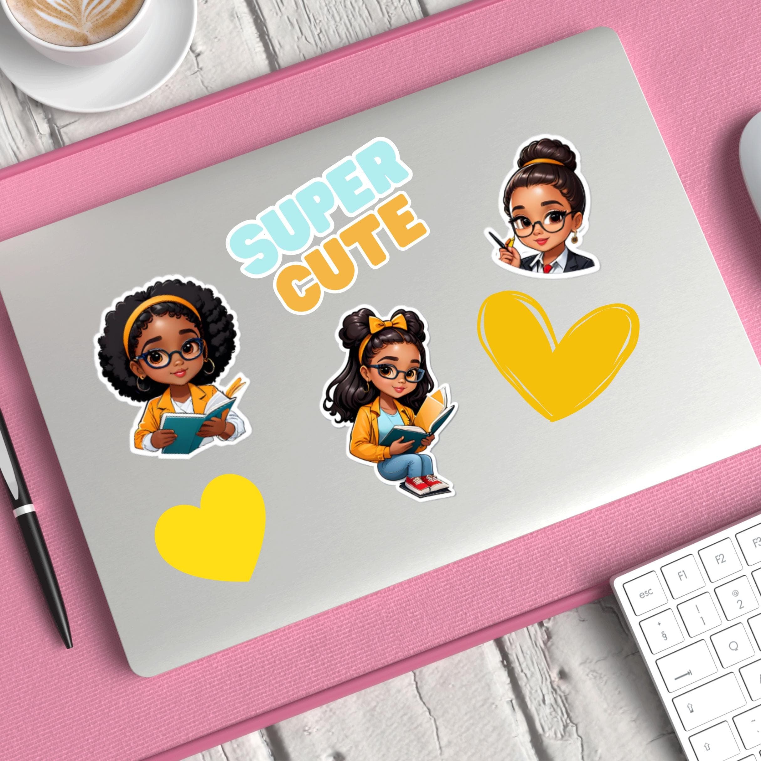 Sheet of 8 Printable Cartoon Brown Skin Smart Girl Stickers - image 3