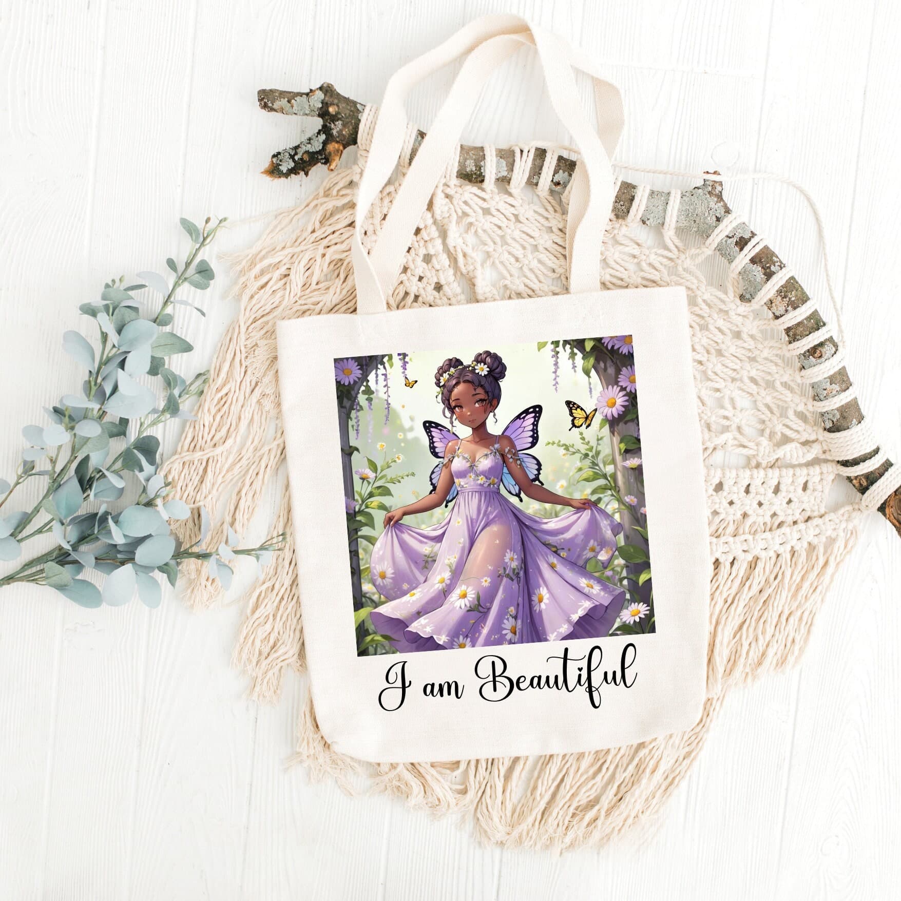 Fairy Princess Cotton Tote Bag: Purple Butterfly Design
