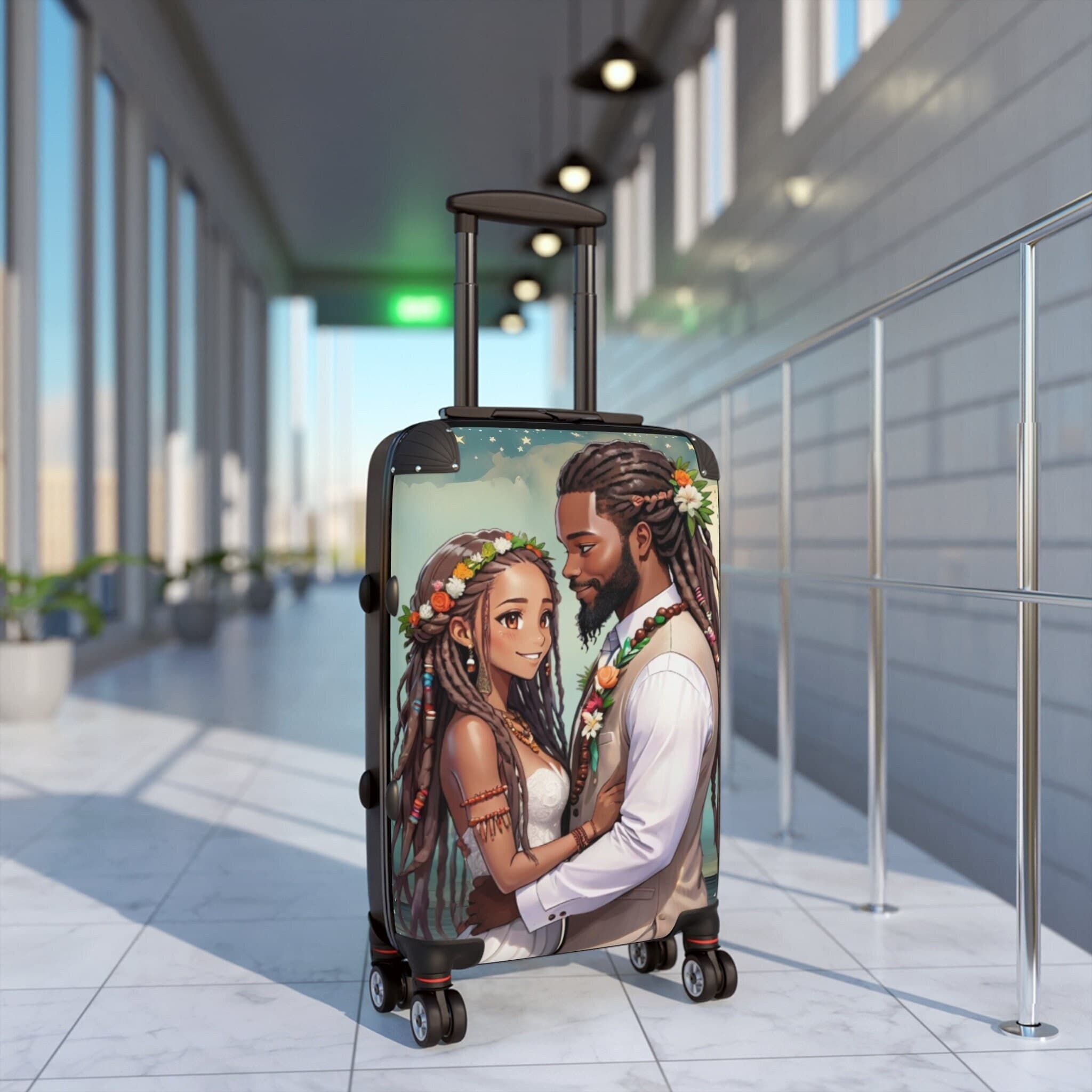 Boho Cartoon Wedding Couple Suitcase: Honeymoon Travel Bag