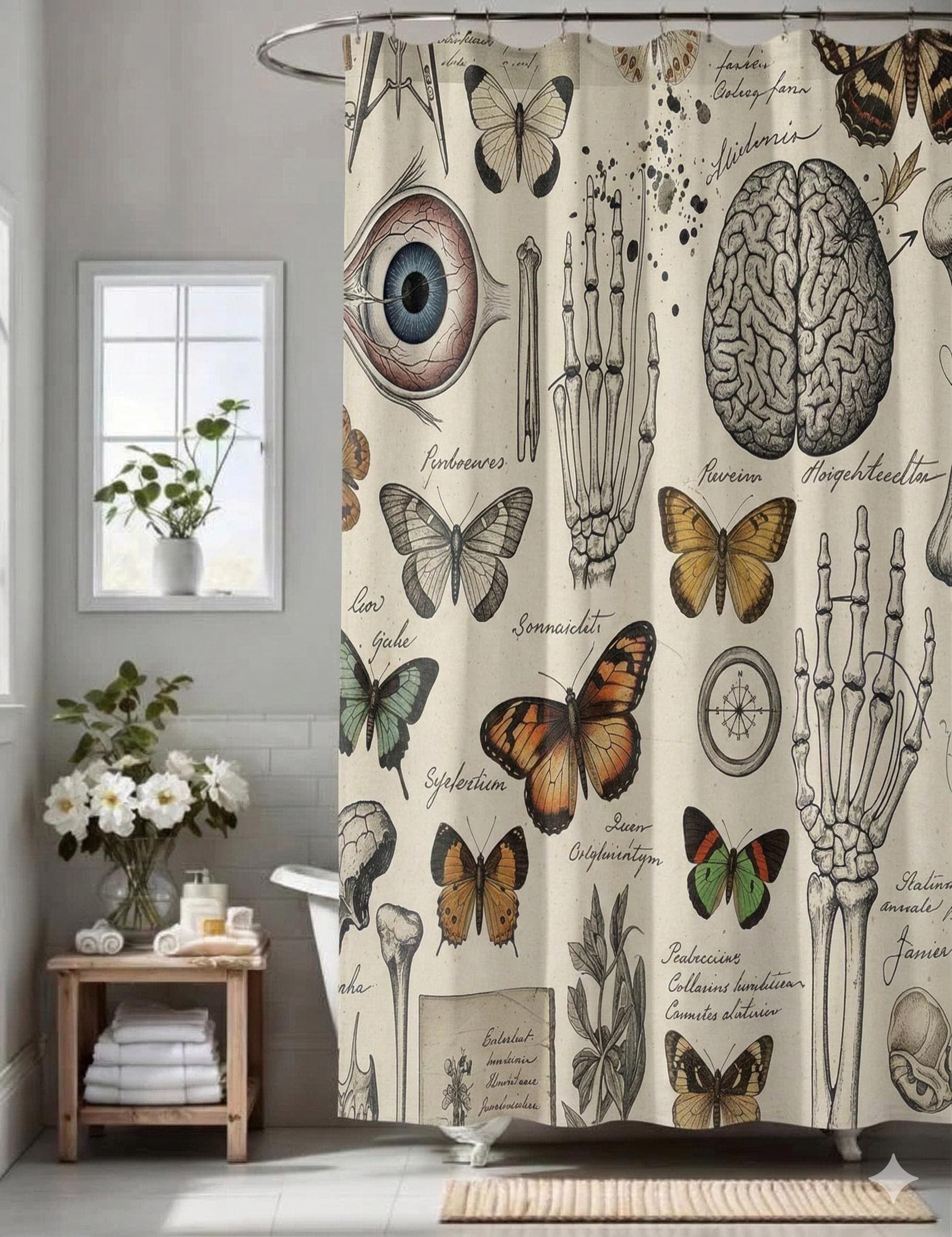 Vintage Anatomy Butterfly Shower Curtain: Dark Academia Botanical Illustration Print