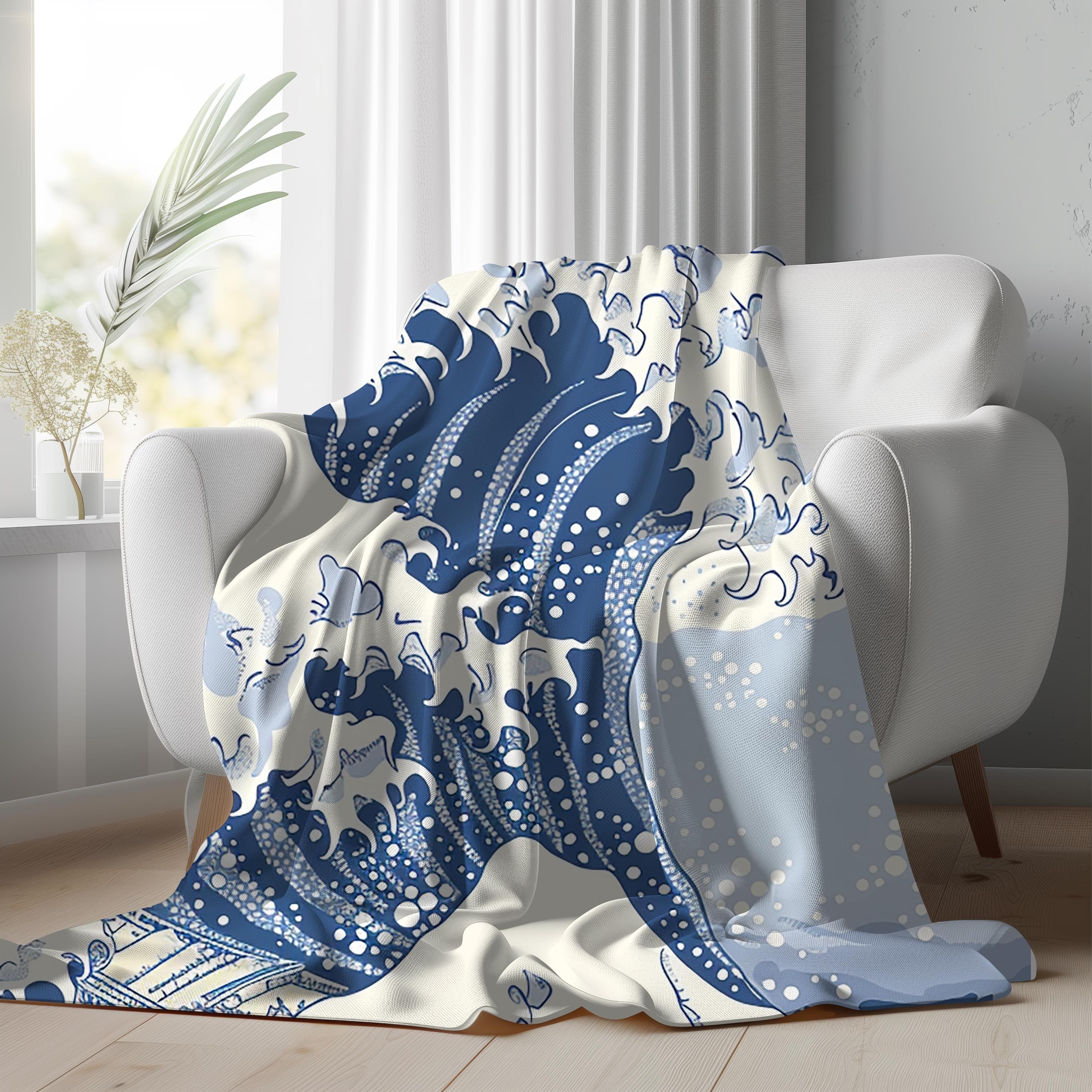 Wave Off Kanagawa Fleece Blanket, Japanese Art Throw