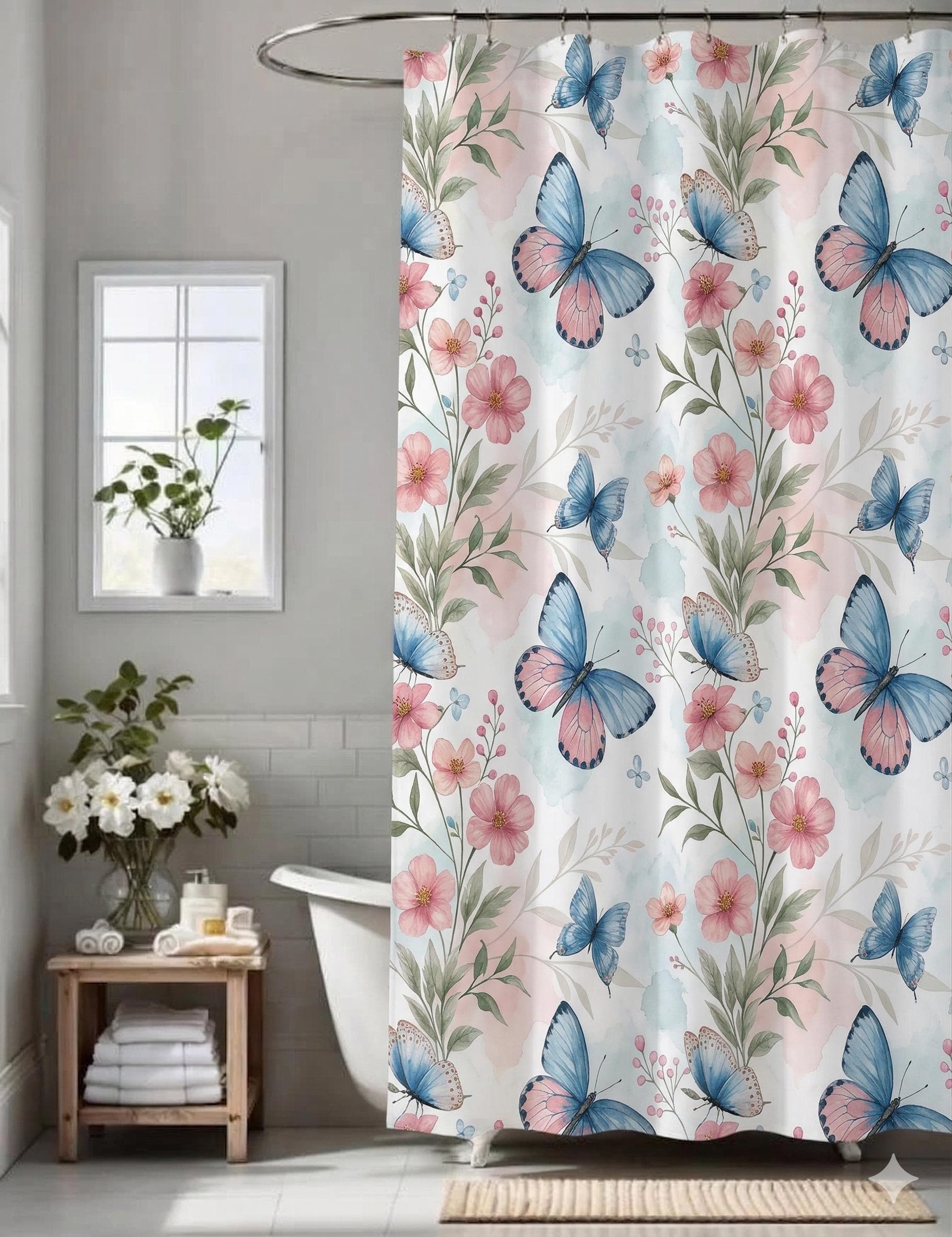 Watercolor Butterfly Shower Curtain | Floral Spring Bath Decor
