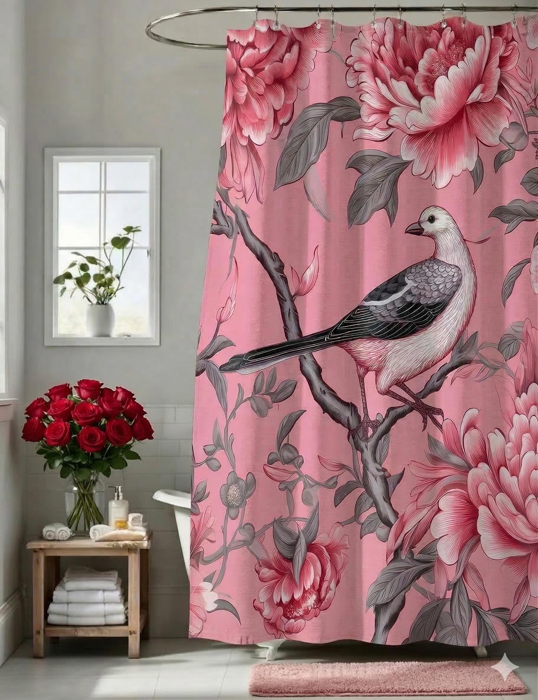 Vintage Bird and Peony Shower Curtain Pink Botanical Bathroom Decor