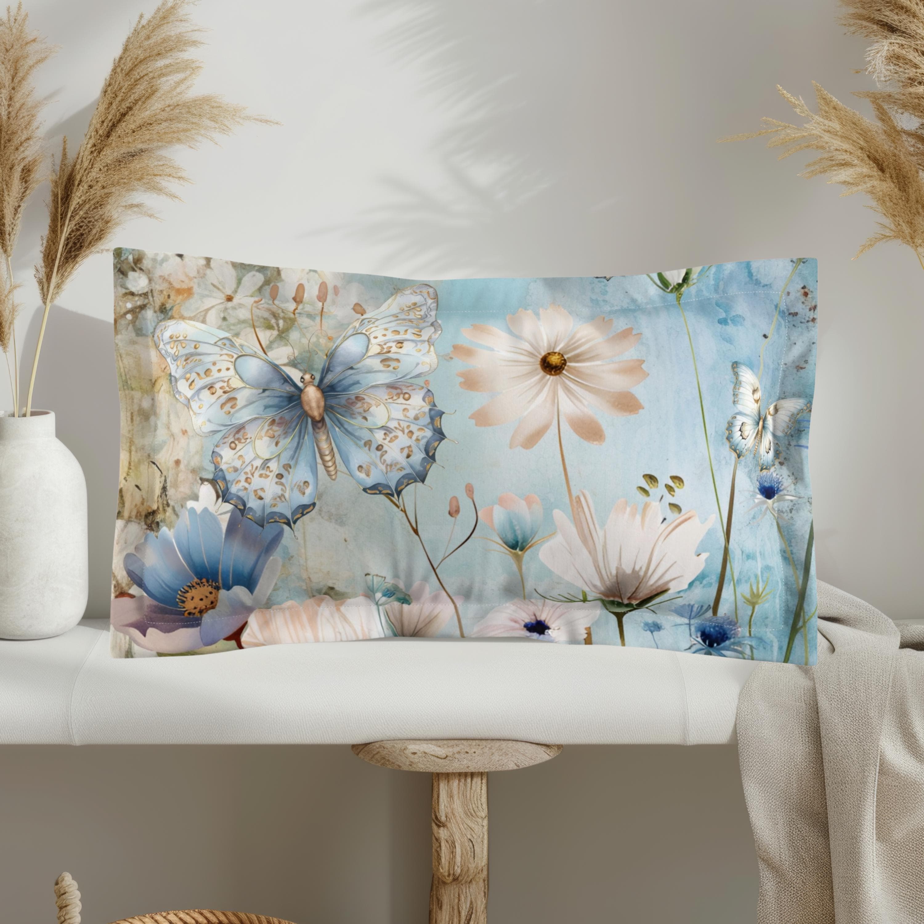 Blue Floral Butterfly Pillow Sham: Cottagecore Decor