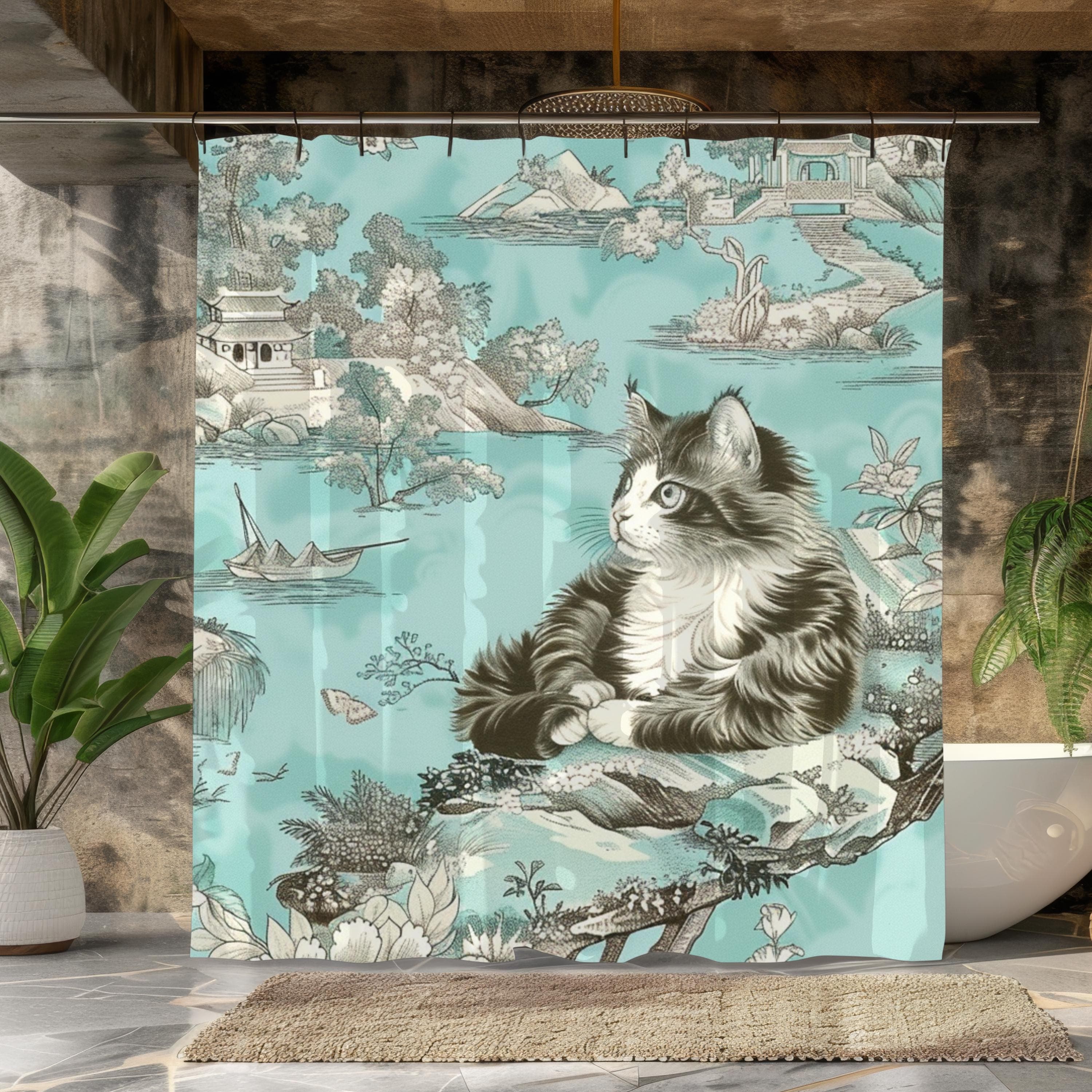 Whimsical Cat Shower Curtain: Vintage Aqua Bathroom Decor - image 4