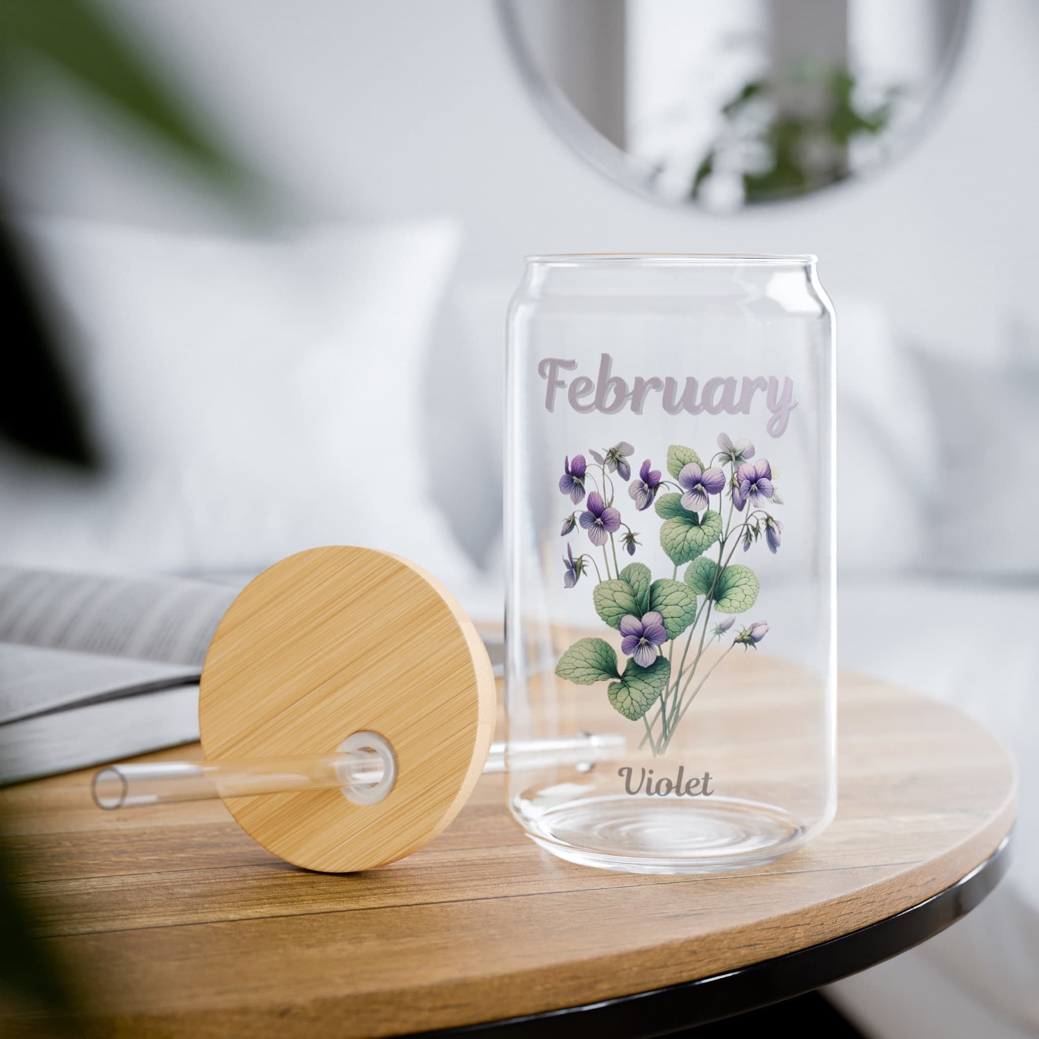 February Birth Flower Glass Jar: Violet Flower Cup with Bamboo Lid & Straw