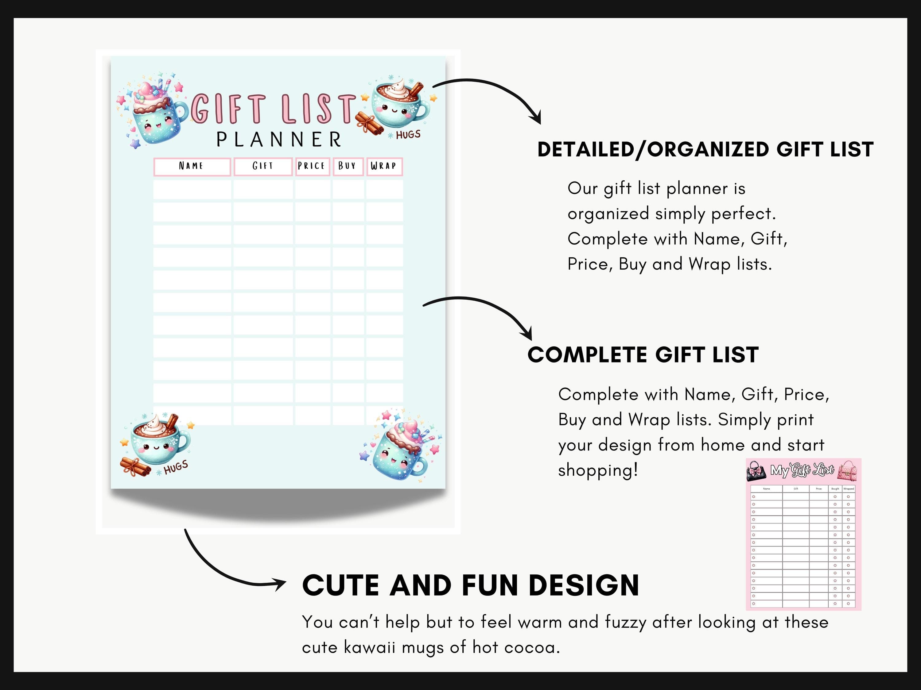 Printable Gift List Planner: Kawaii Hot Cocoa Design (PDF Download) - image 4