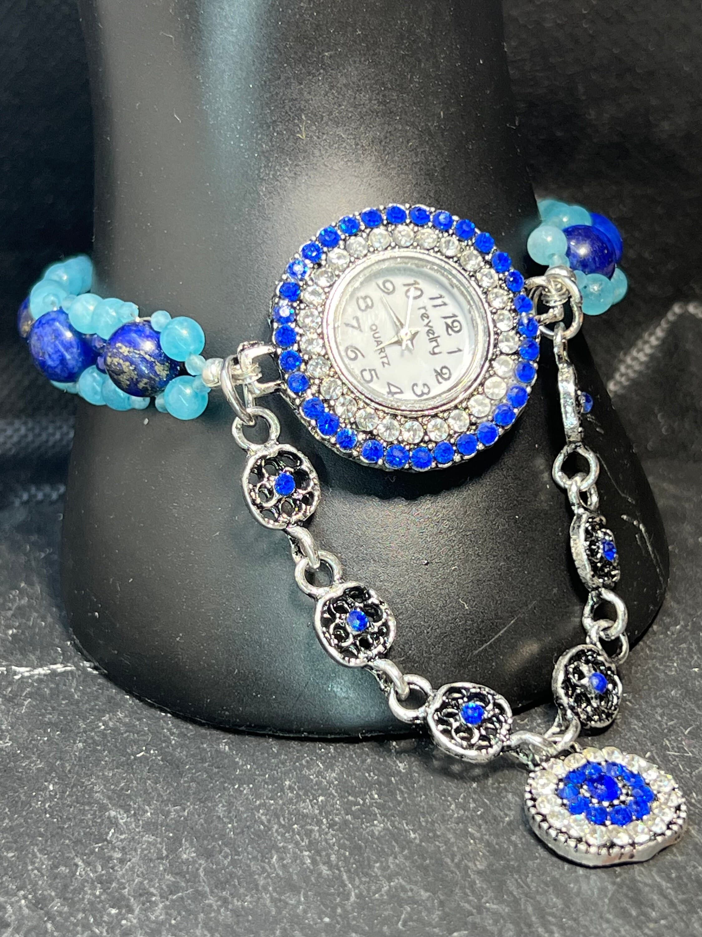 blue gemstones watch bracelet lapis lazuli apatite edelsteine Uhrchen watch strap