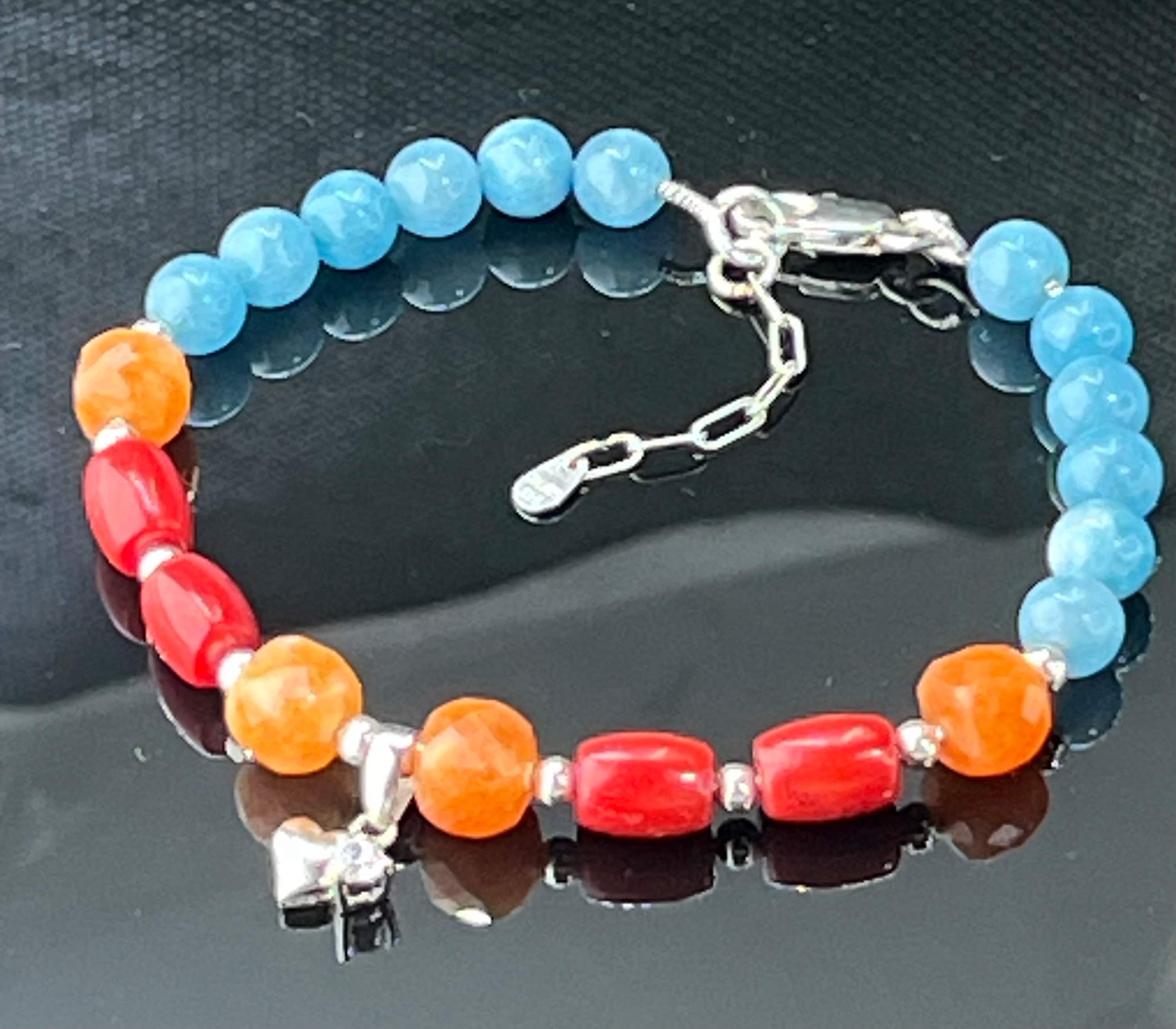 Handmade Red Coral Sunstone Apatite Bracelet: 925 Sterling Silver, Chakra Energy