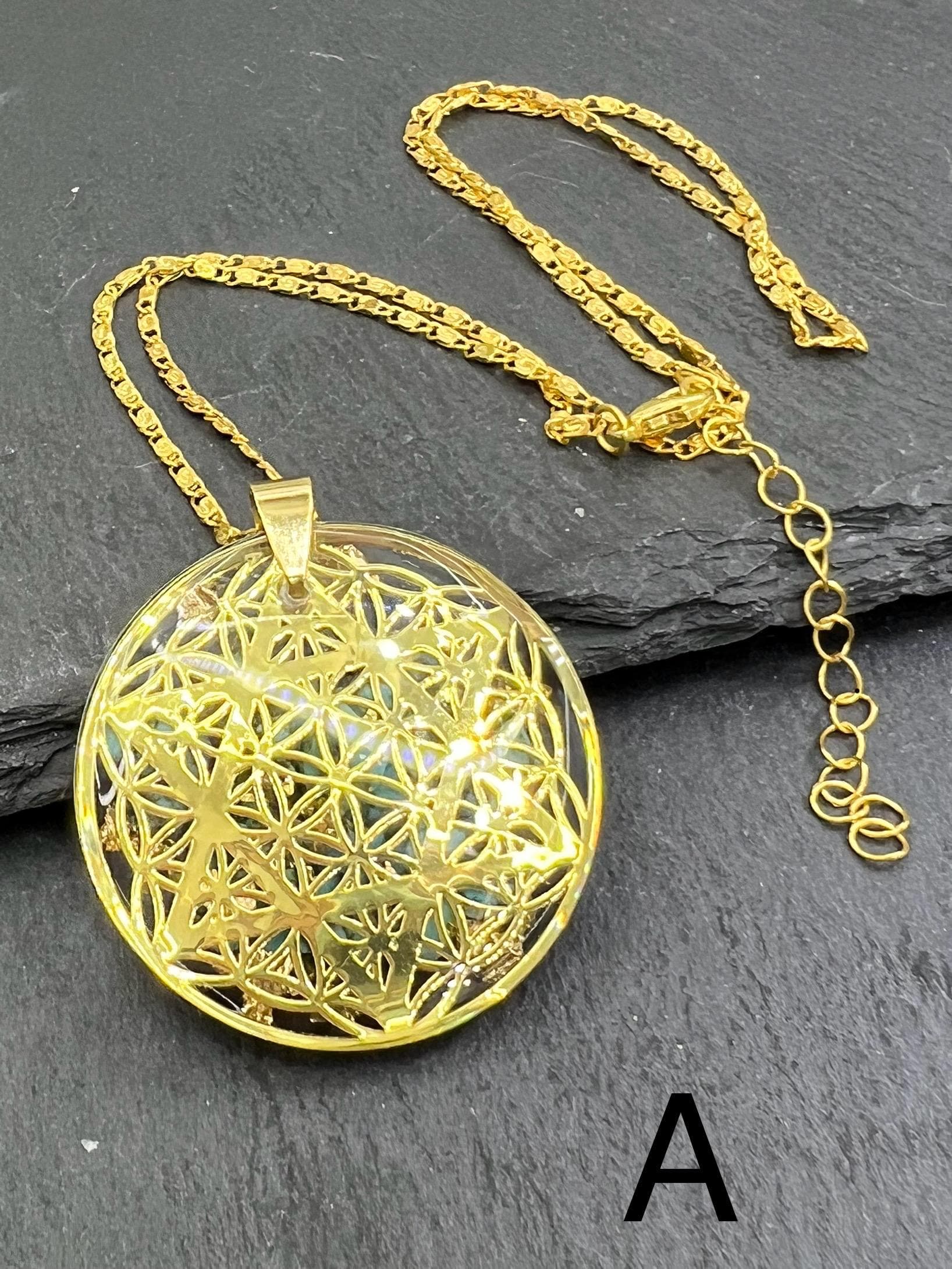 Pendant Necklace, Resin & Natural Turquoise, Hexagonal David Star Geometry, Gold Leaf Inlay